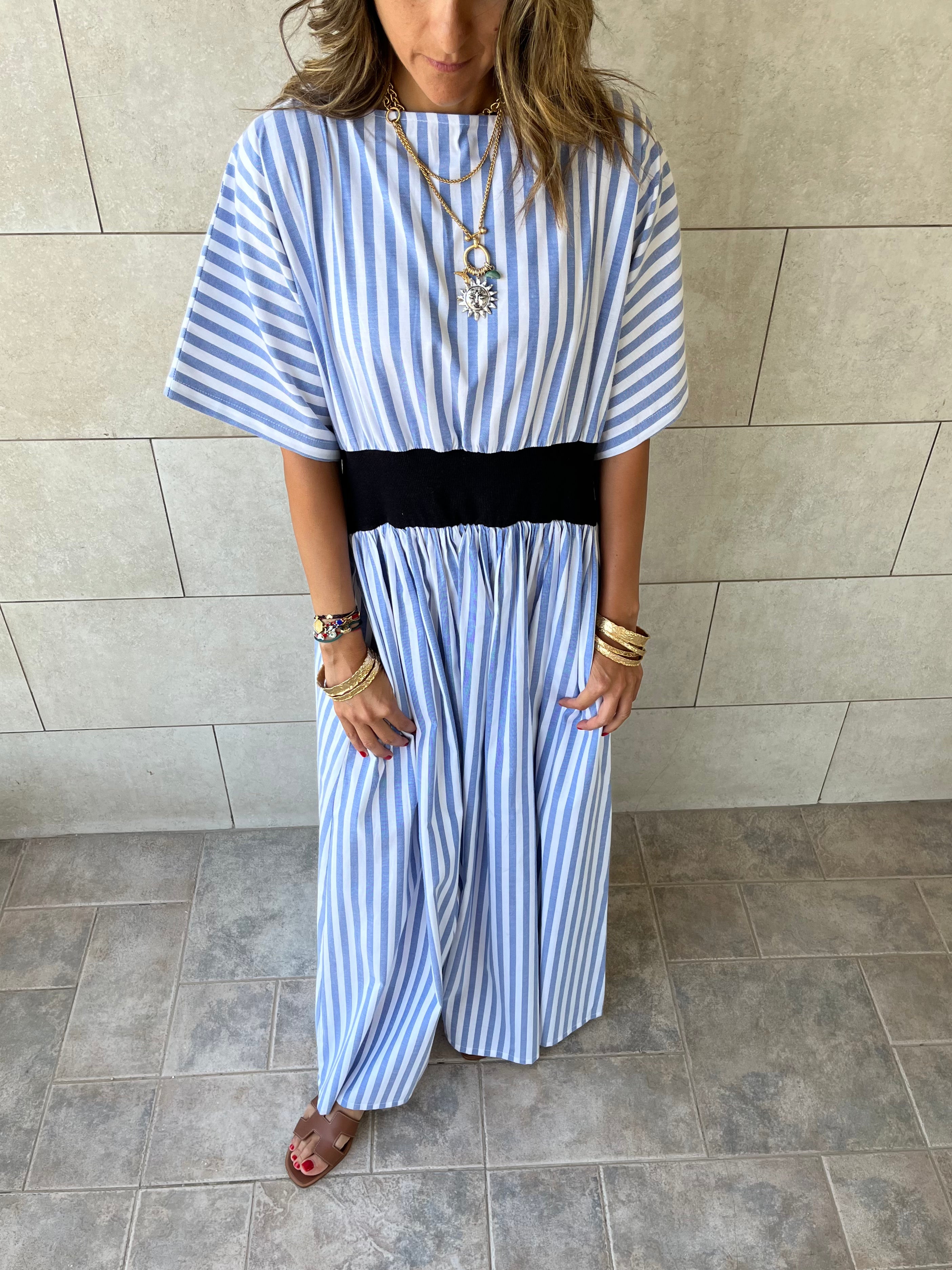 Baby Blue Snatch Waist Stripe Dress