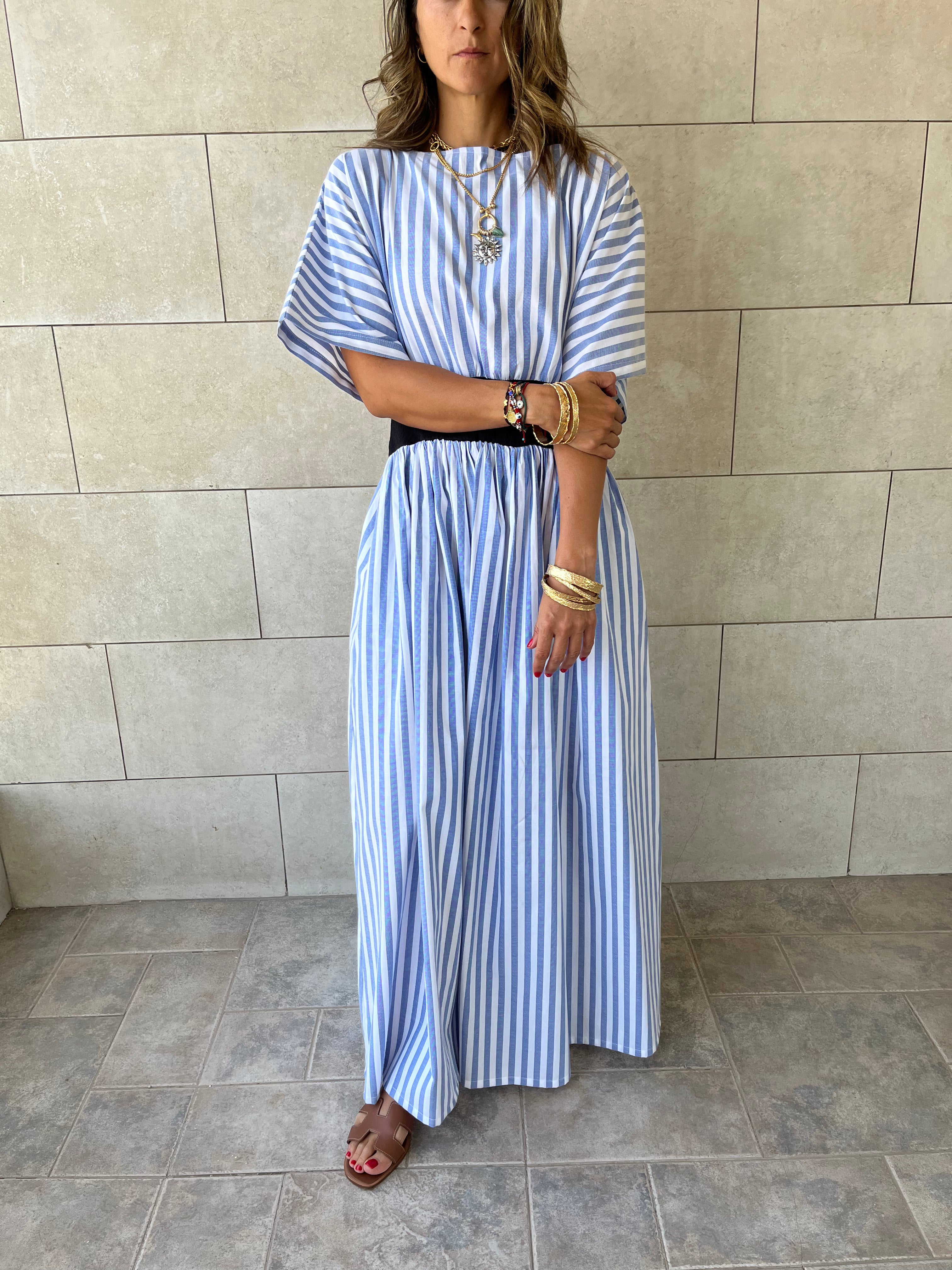 Baby Blue Snatch Waist Stripe Dress