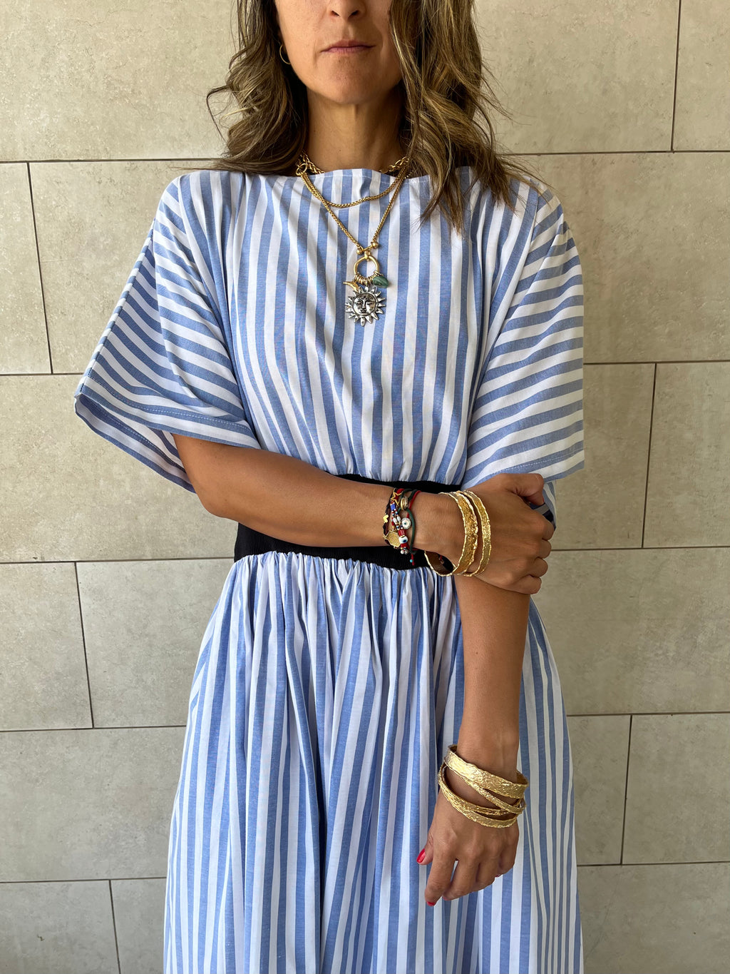 Baby Blue Snatch Waist Stripe Dress