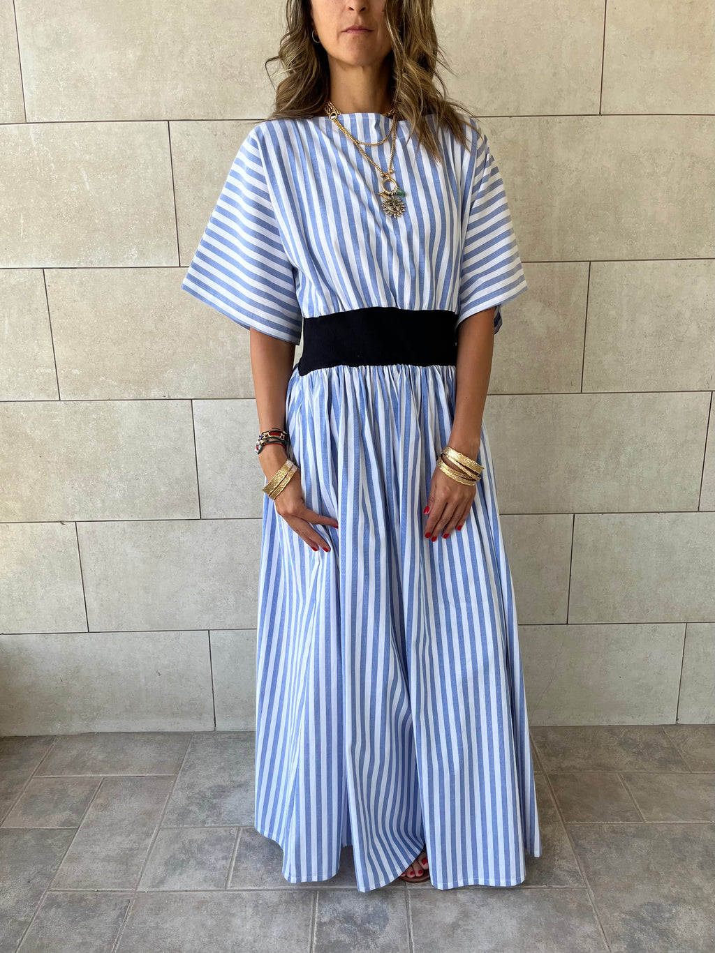 Baby Blue Snatch Waist Stripe Dress