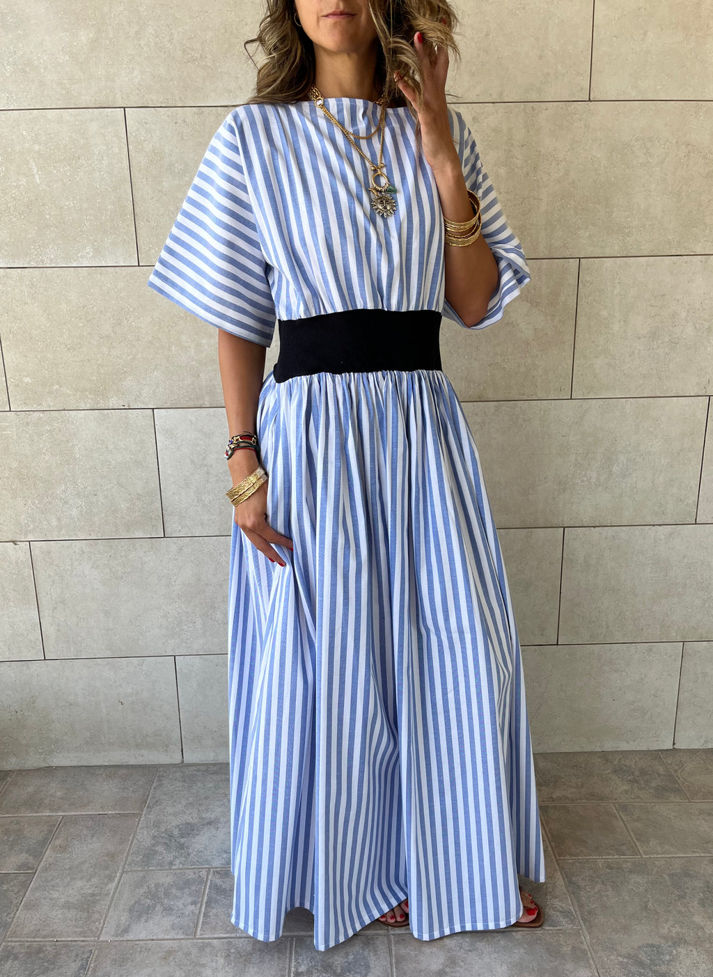 Baby Blue Snatch Waist Stripe Dress