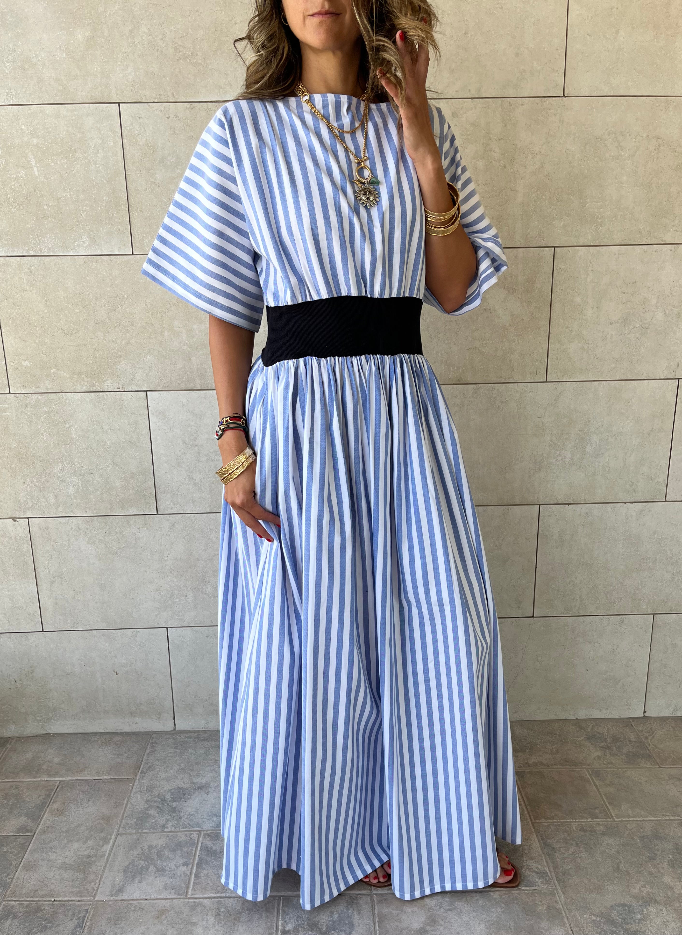 Baby Blue Snatch Waist Stripe Dress