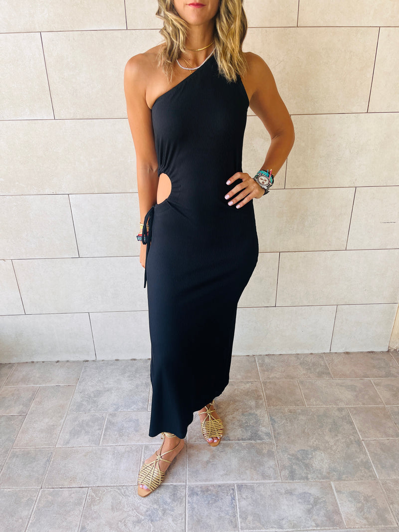 Black Morning To Night Ribbed Cut Out Dress