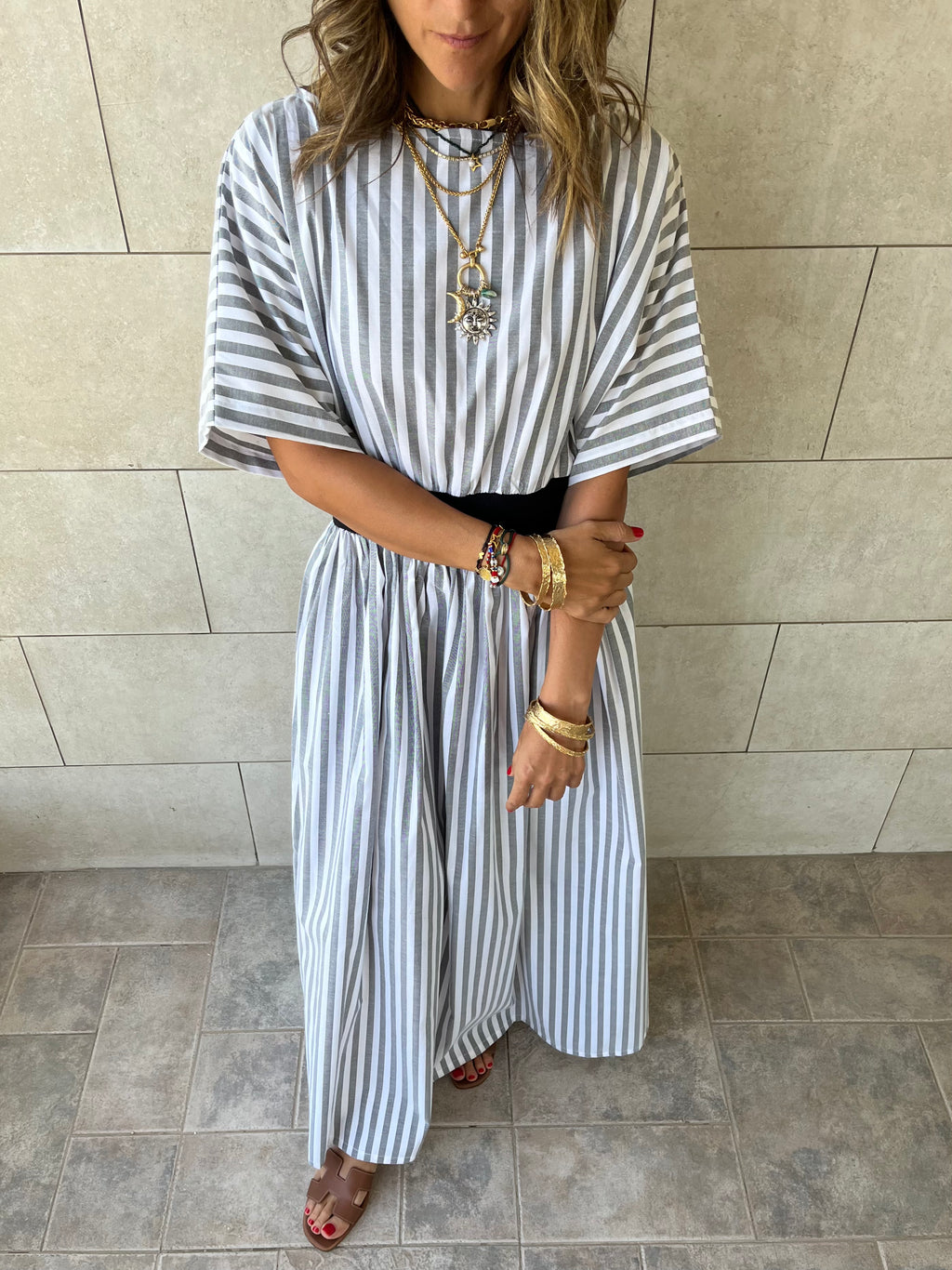 Grey Snatch Waist Stripe Dress