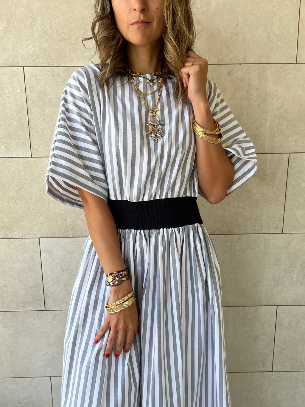 Grey Snatch Waist Stripe Dress