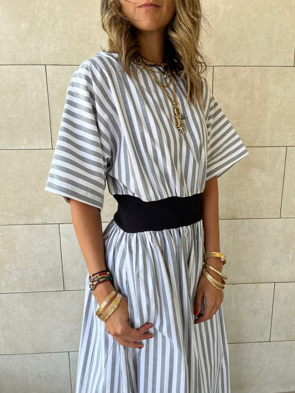Grey Snatch Waist Stripe Dress