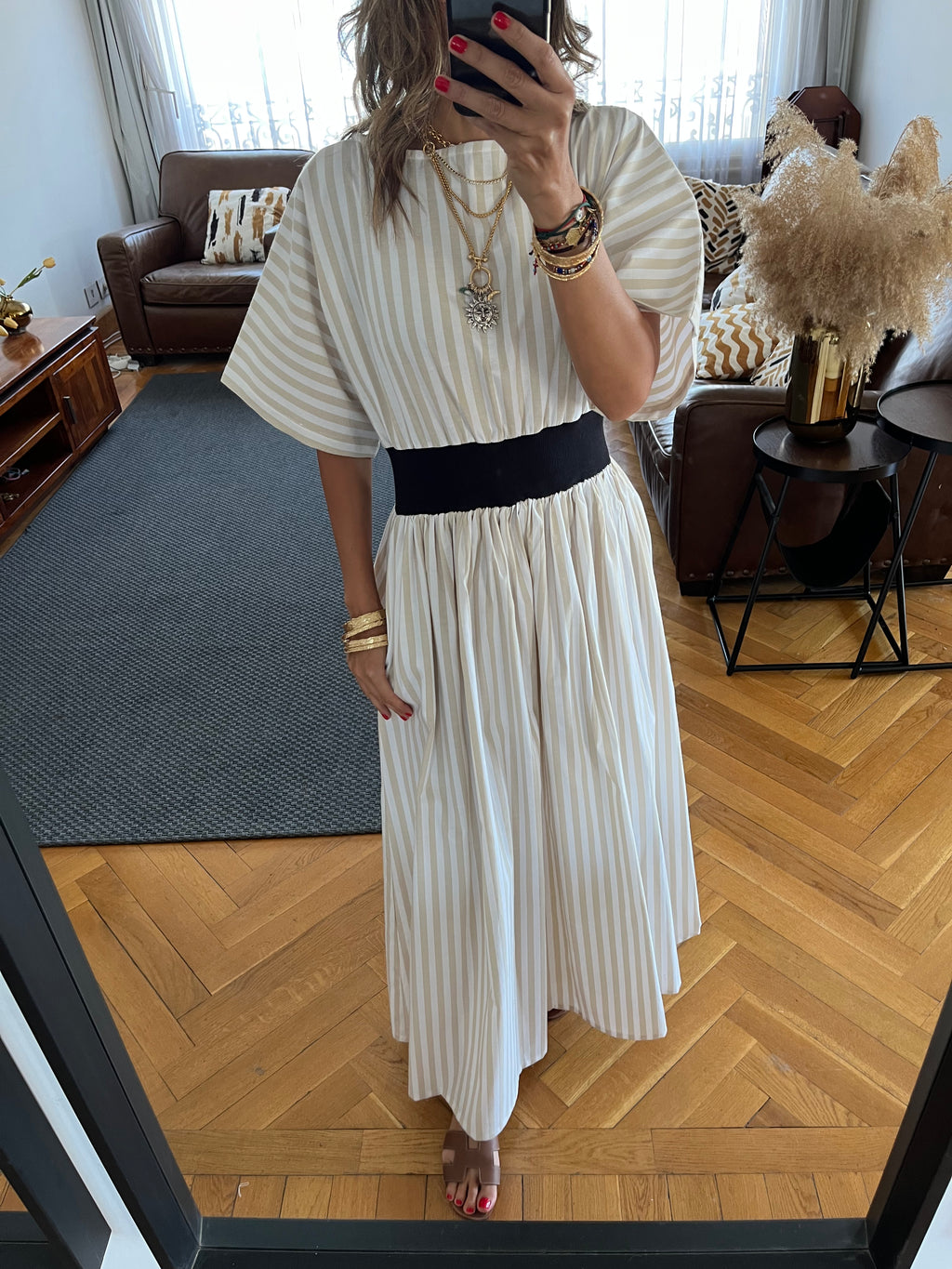 Beige Snatch Waist Stripe Dress