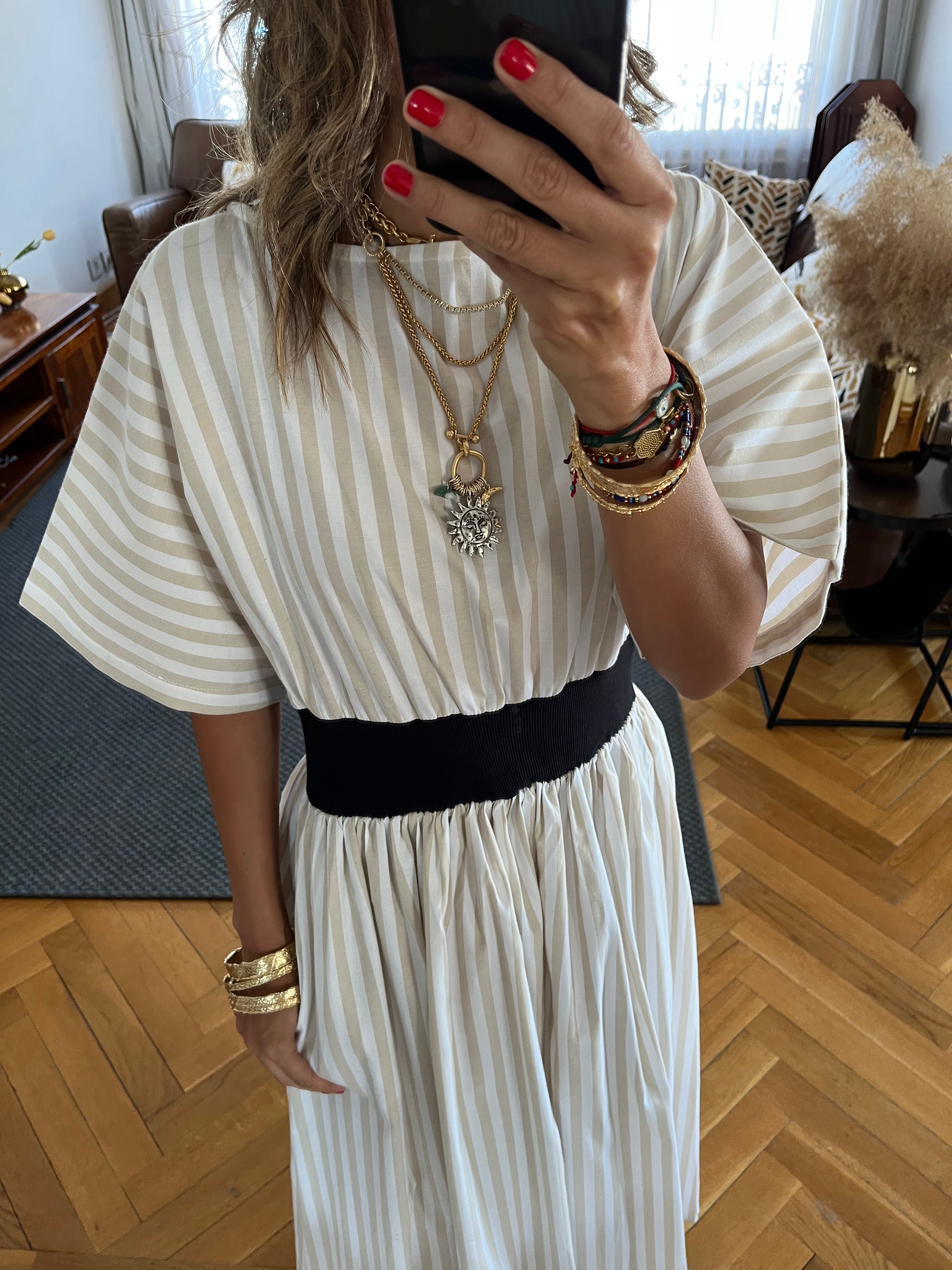 Beige Snatch Waist Stripe Dress