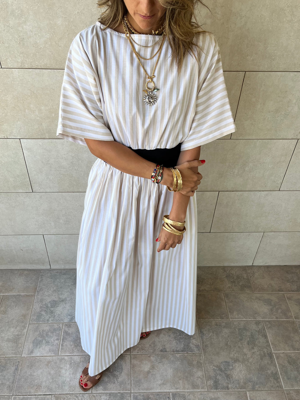 Beige Snatch Waist Stripe Dress