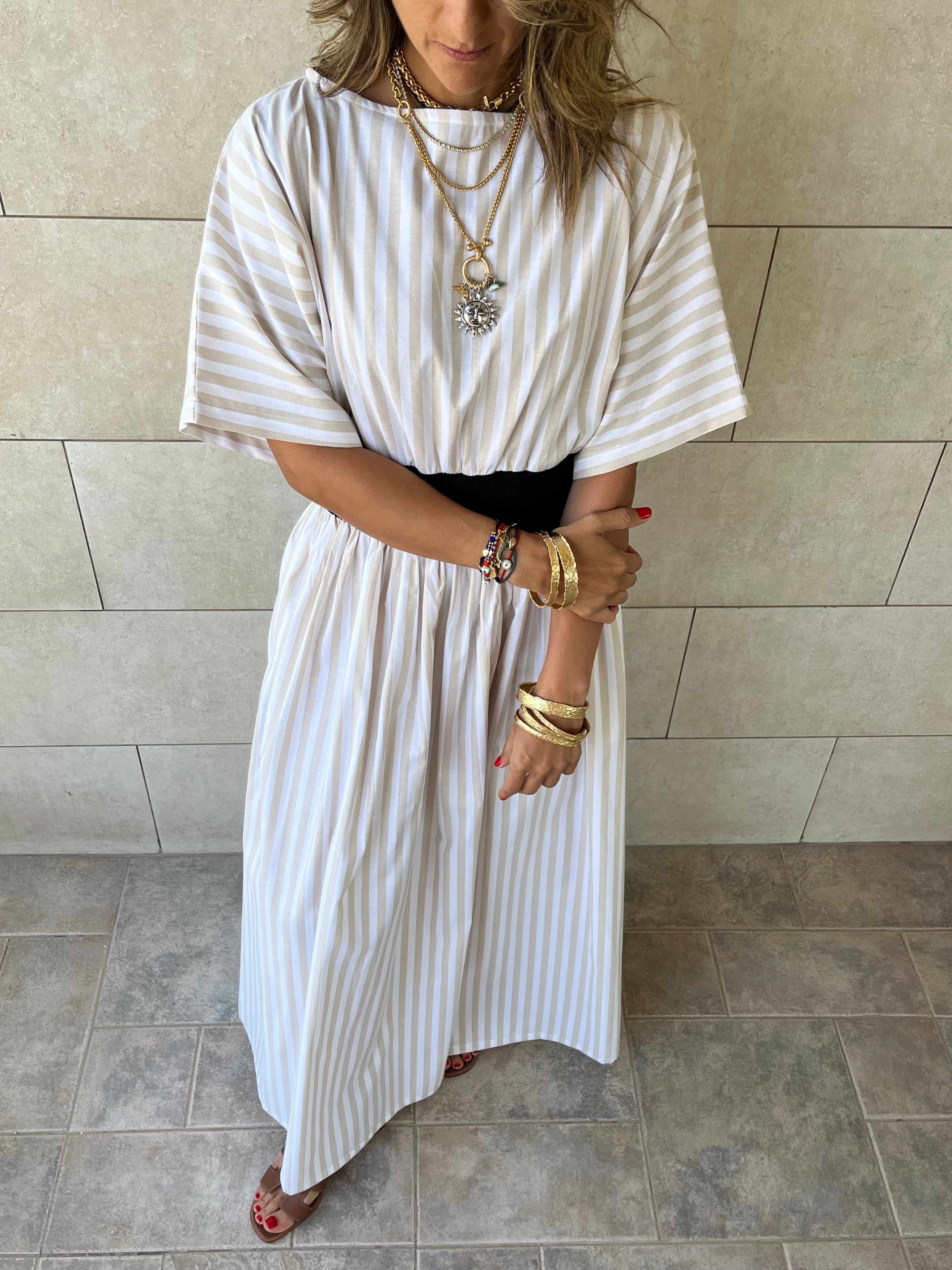 Beige Snatch Waist Stripe Dress