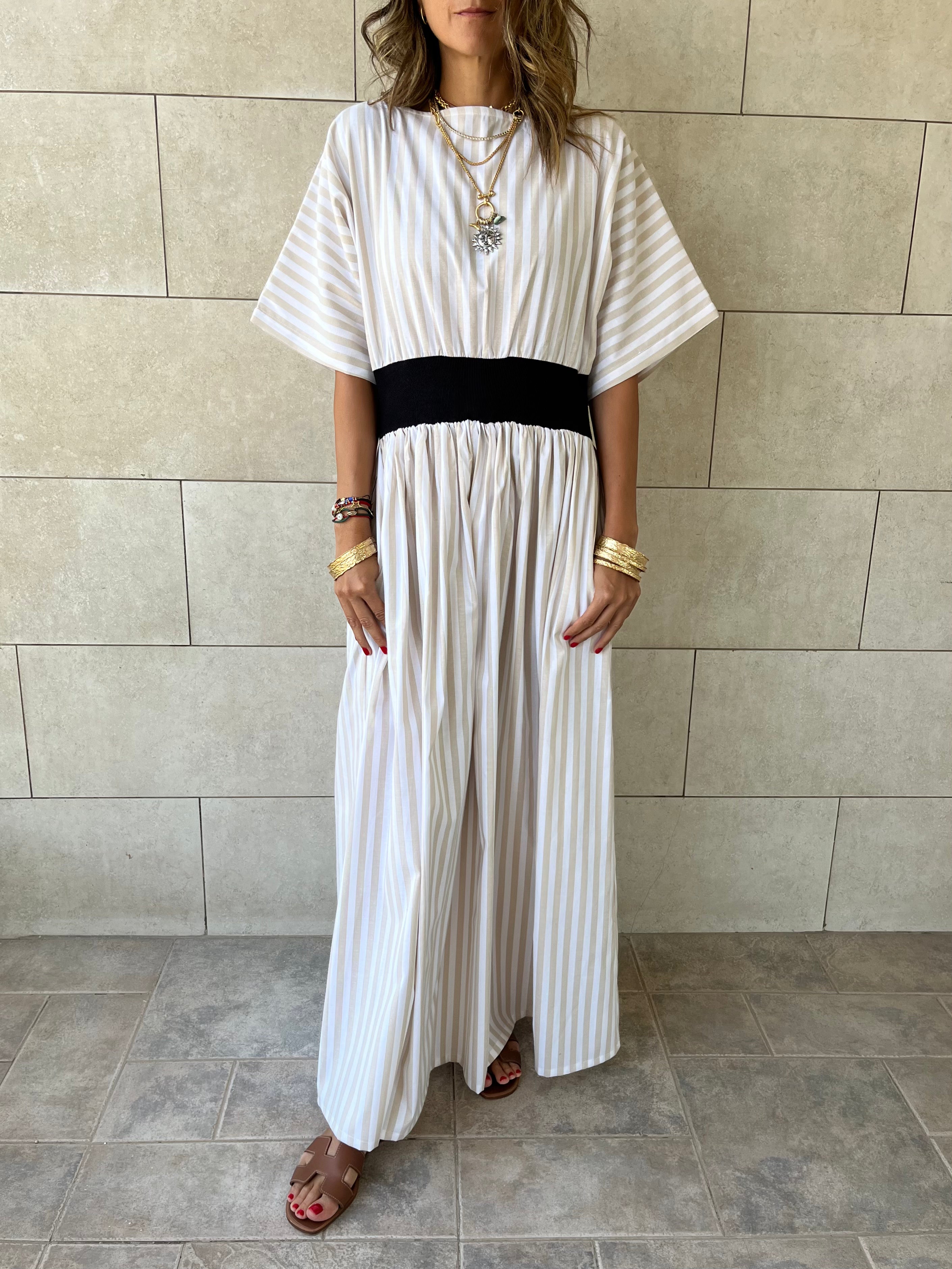 Beige Snatch Waist Stripe Dress