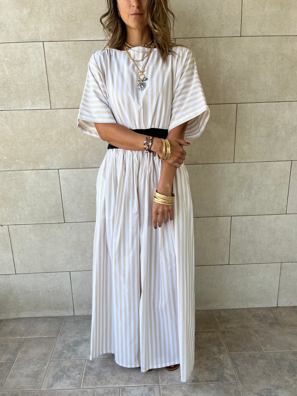 Beige Snatch Waist Stripe Dress