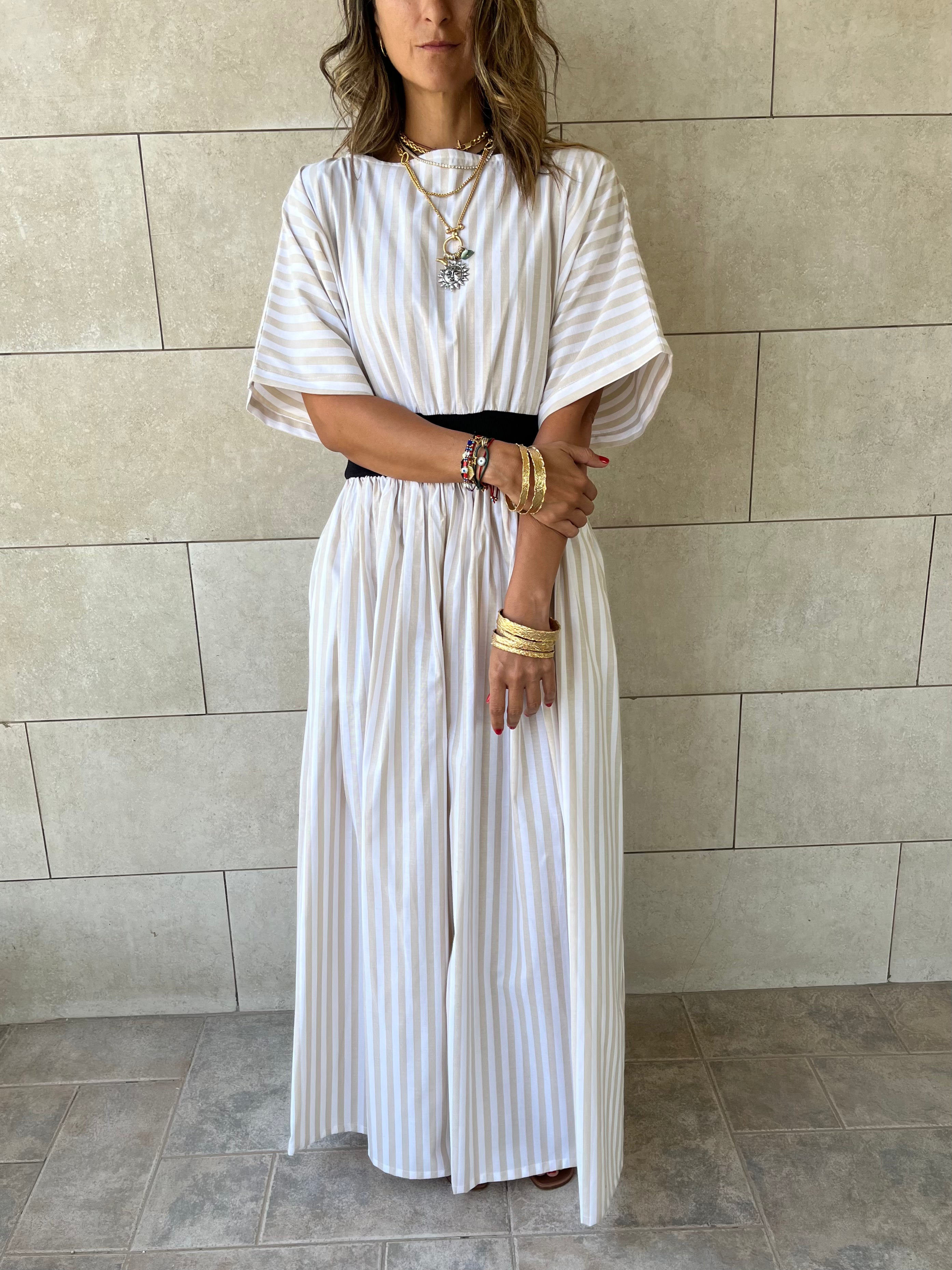 Beige Snatch Waist Stripe Dress