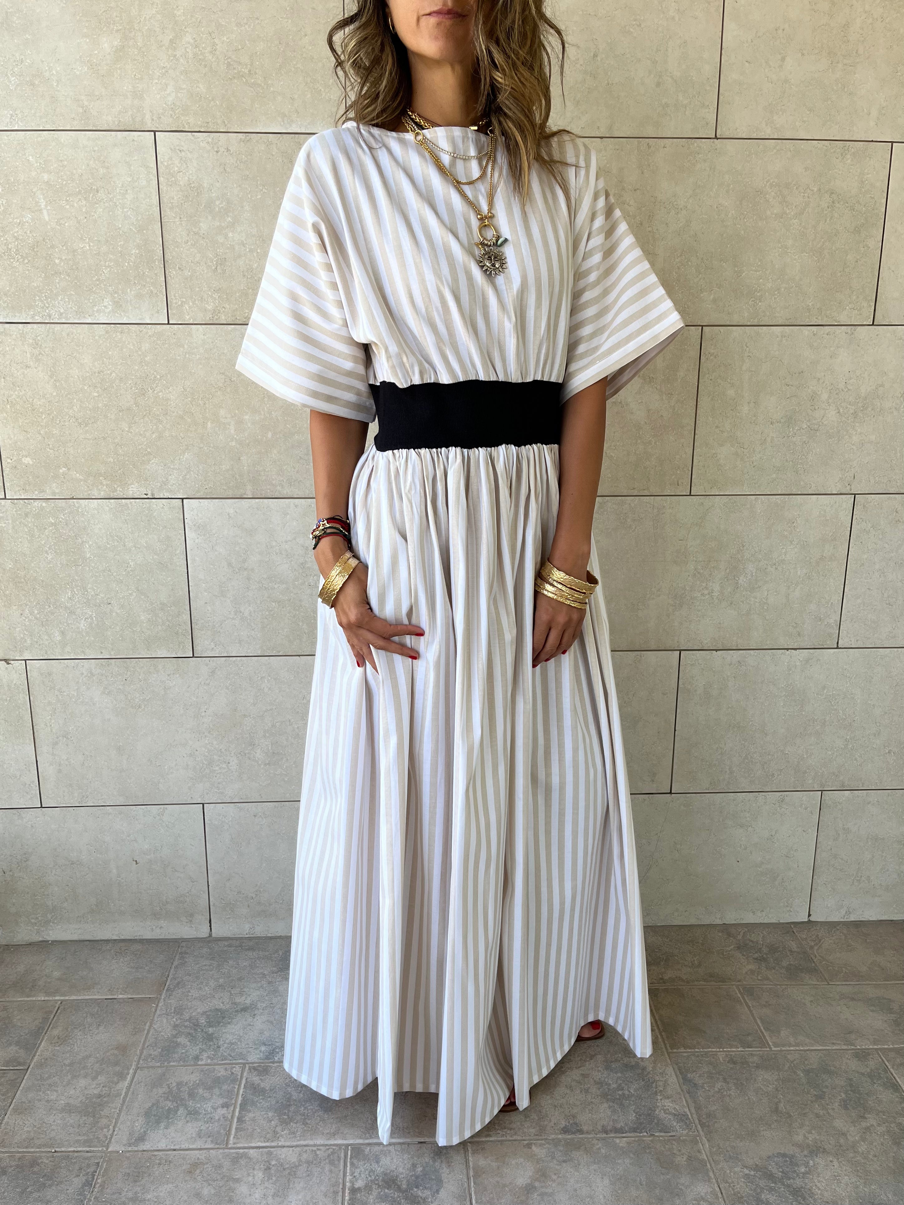 Beige Snatch Waist Stripe Dress