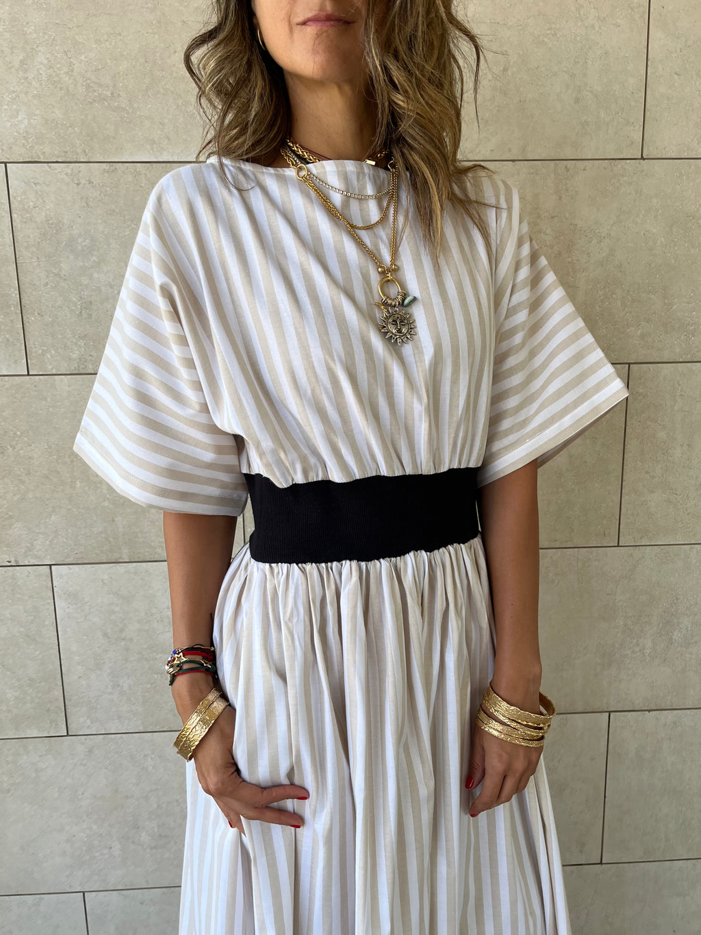 Beige Snatch Waist Stripe Dress