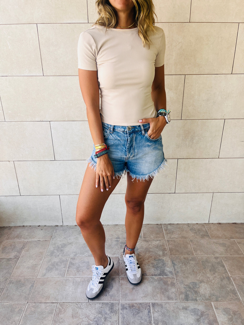 Beige Backless Ribbed Tee