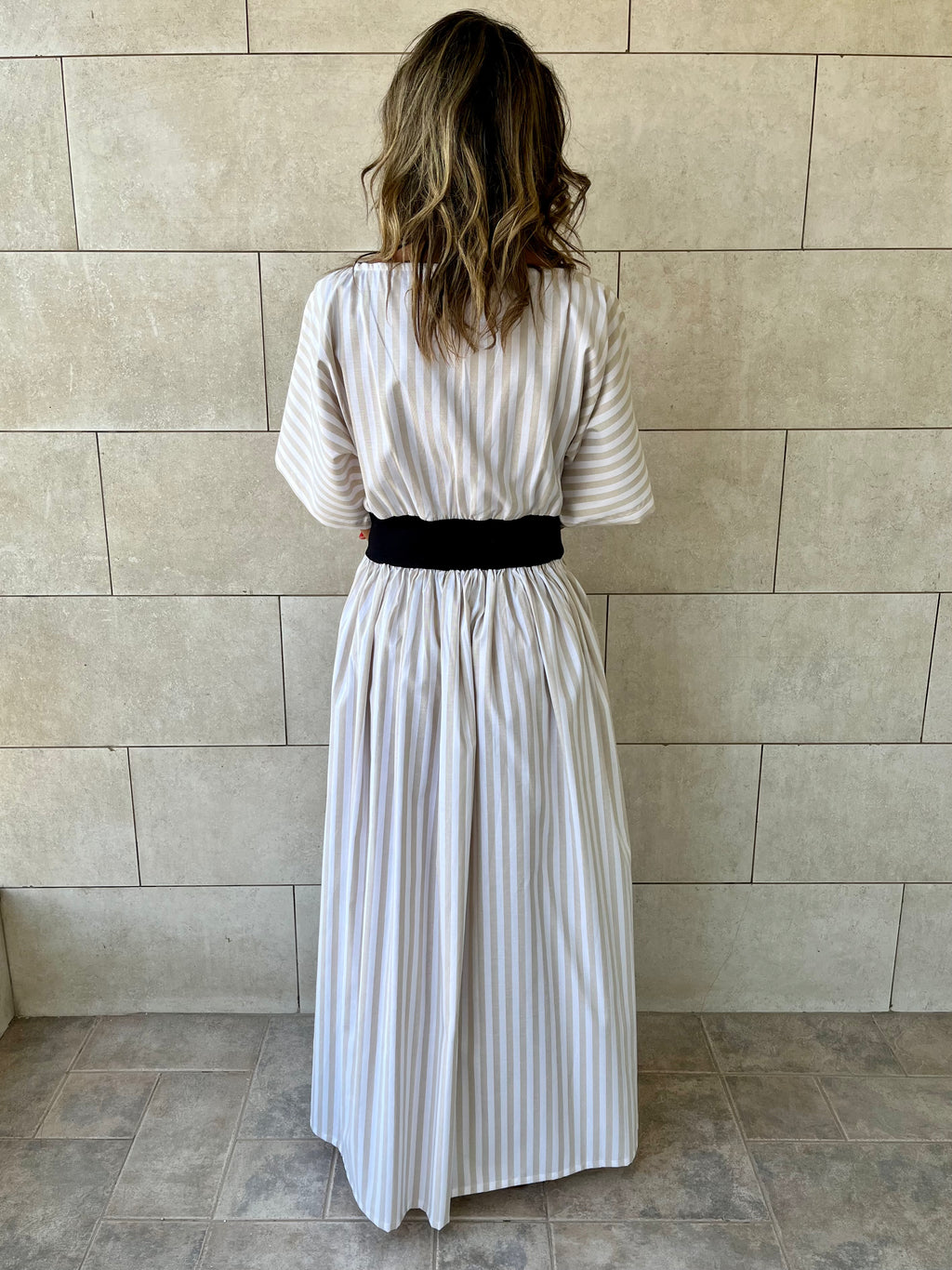 Beige Snatch Waist Stripe Dress