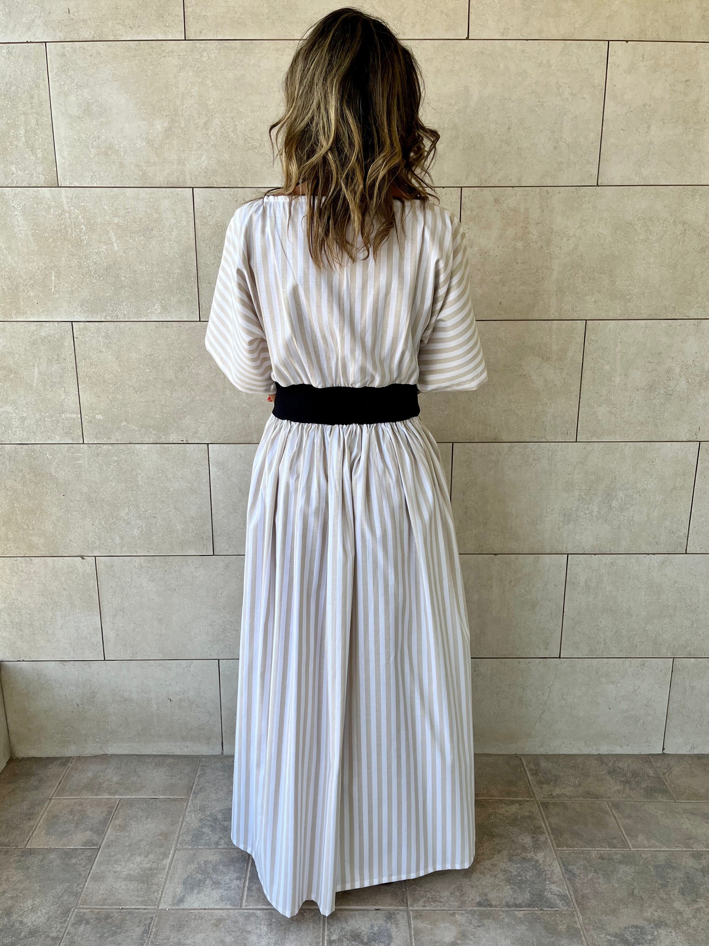 Beige Snatch Waist Stripe Dress