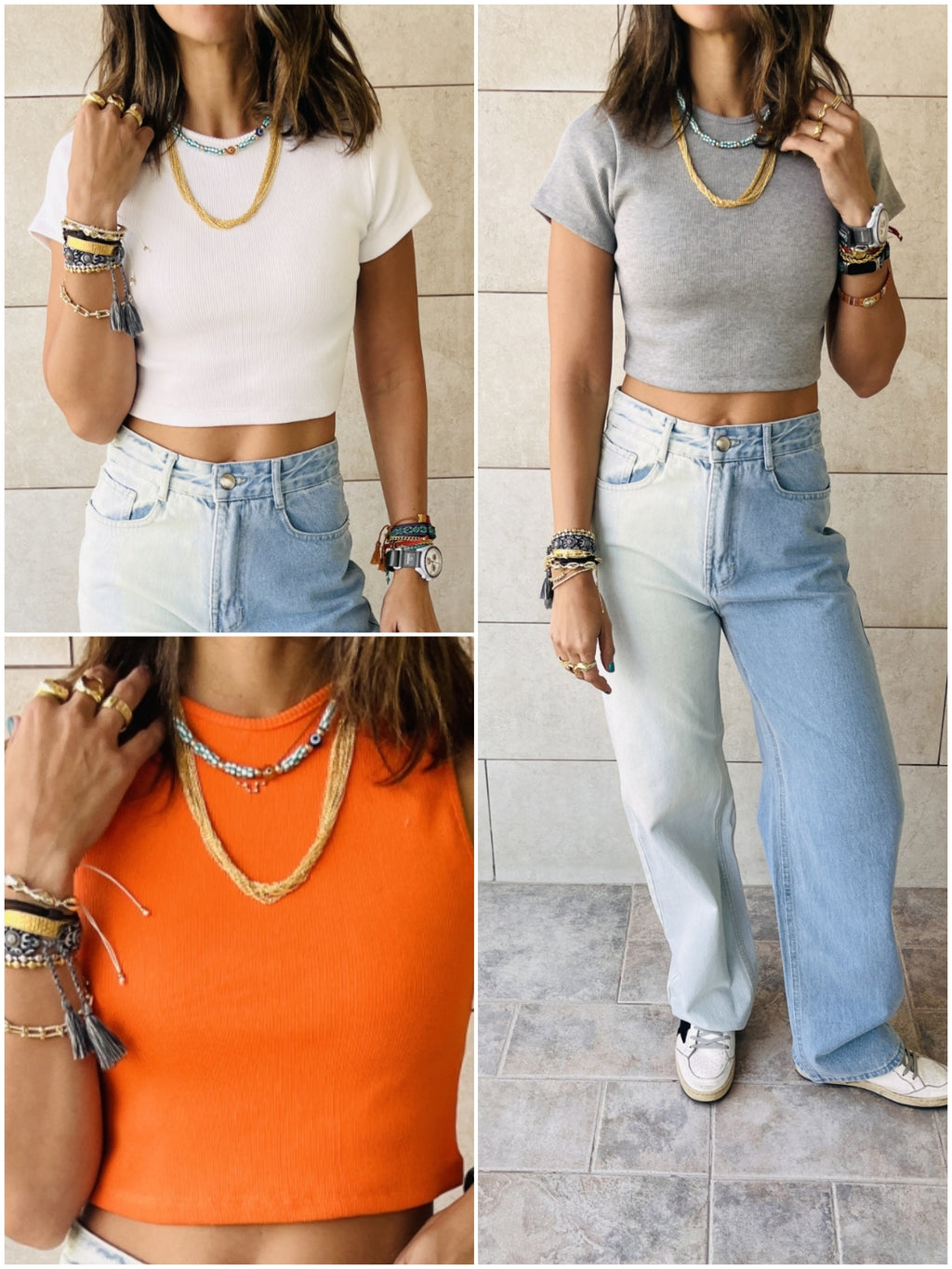 Grey & White & Orange Cropped Essential Tee