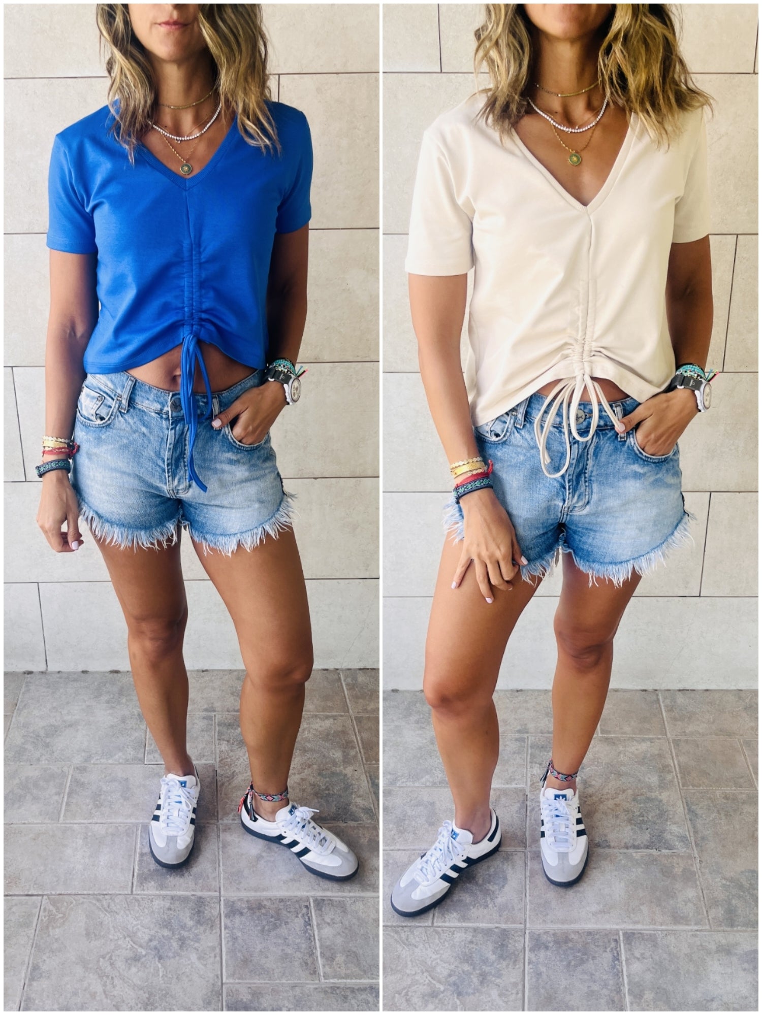 Blue & Beige Pull Me Through Crop Tee