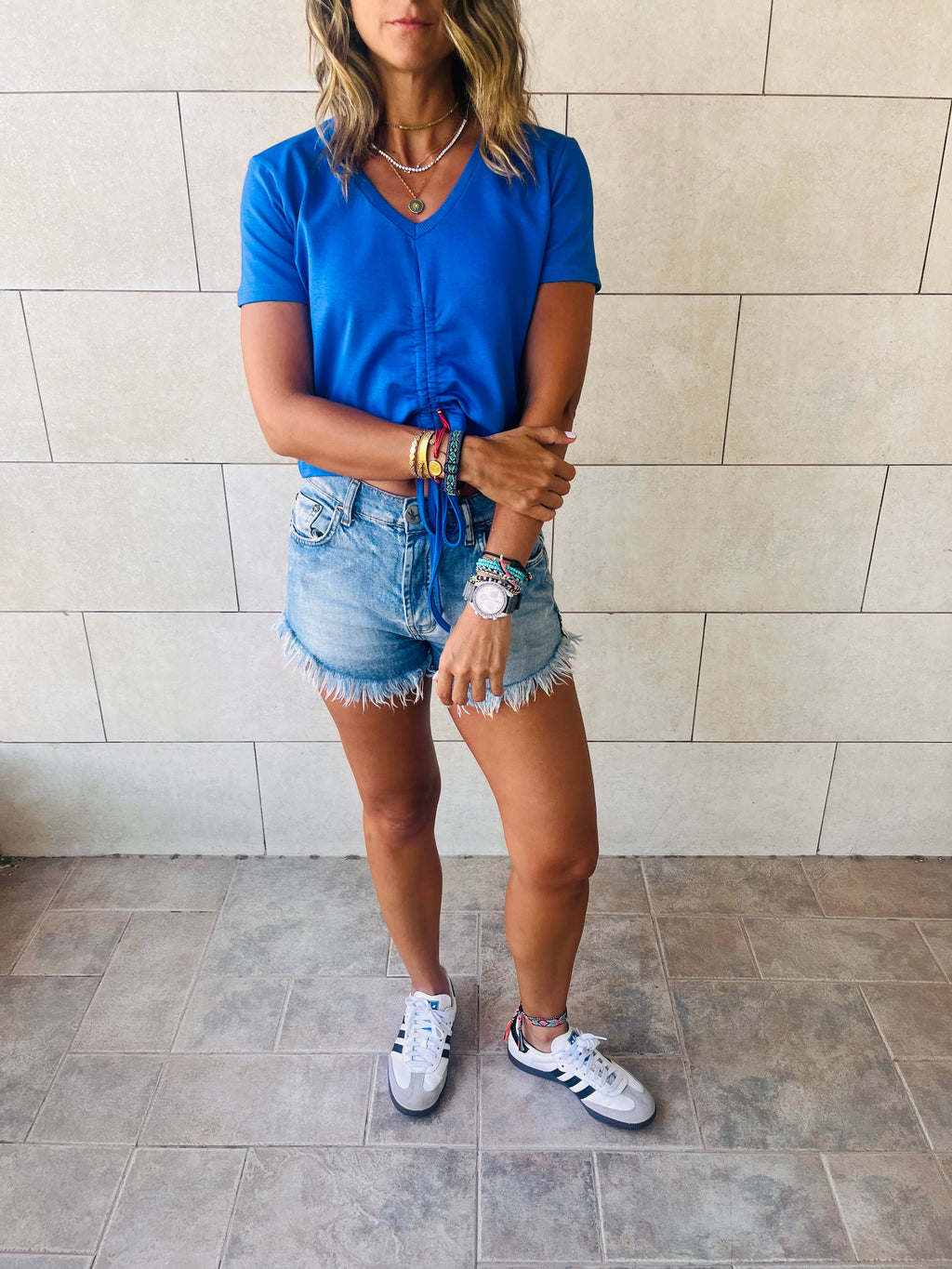 Blue & Beige Pull Me Through Crop Tee