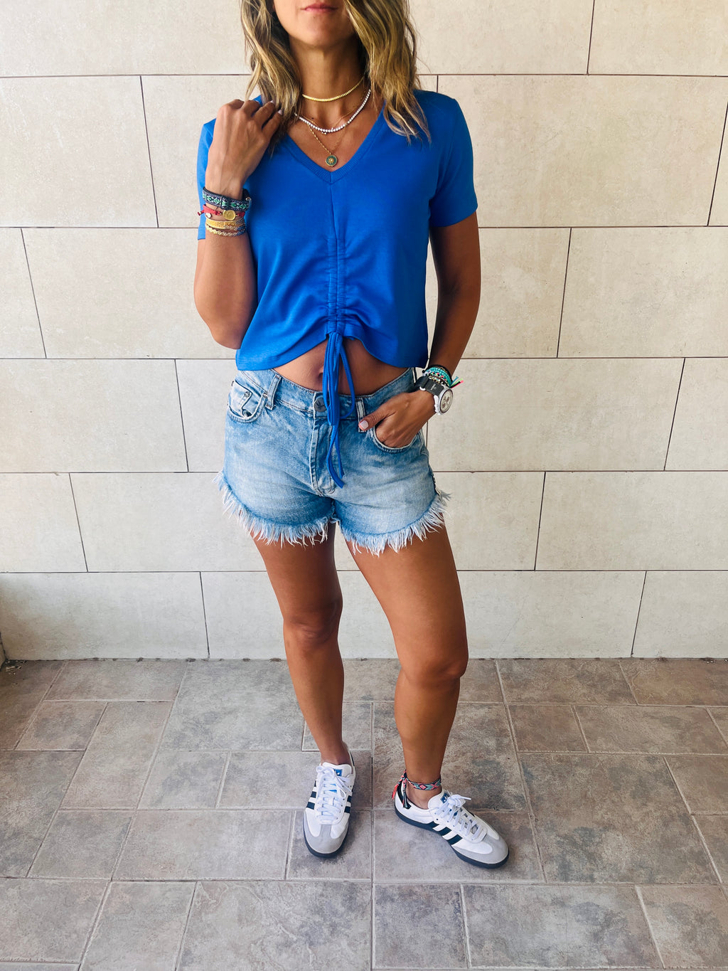 Blue & Beige Pull Me Through Crop Tee