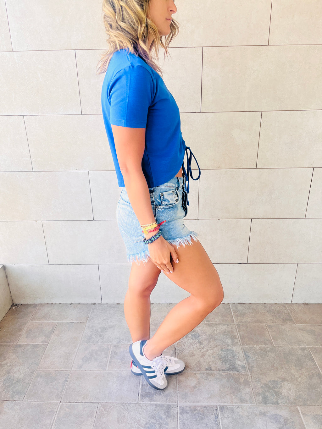 Blue & Beige Pull Me Through Crop Tee