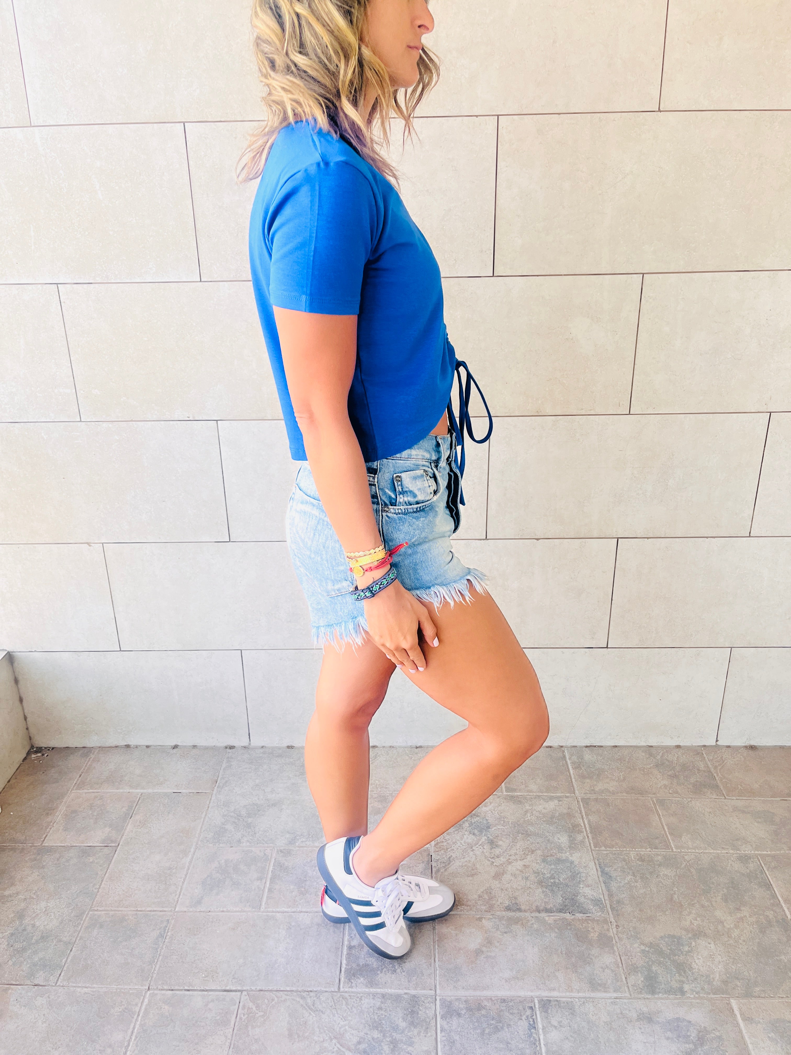 Blue & Beige Pull Me Through Crop Tee