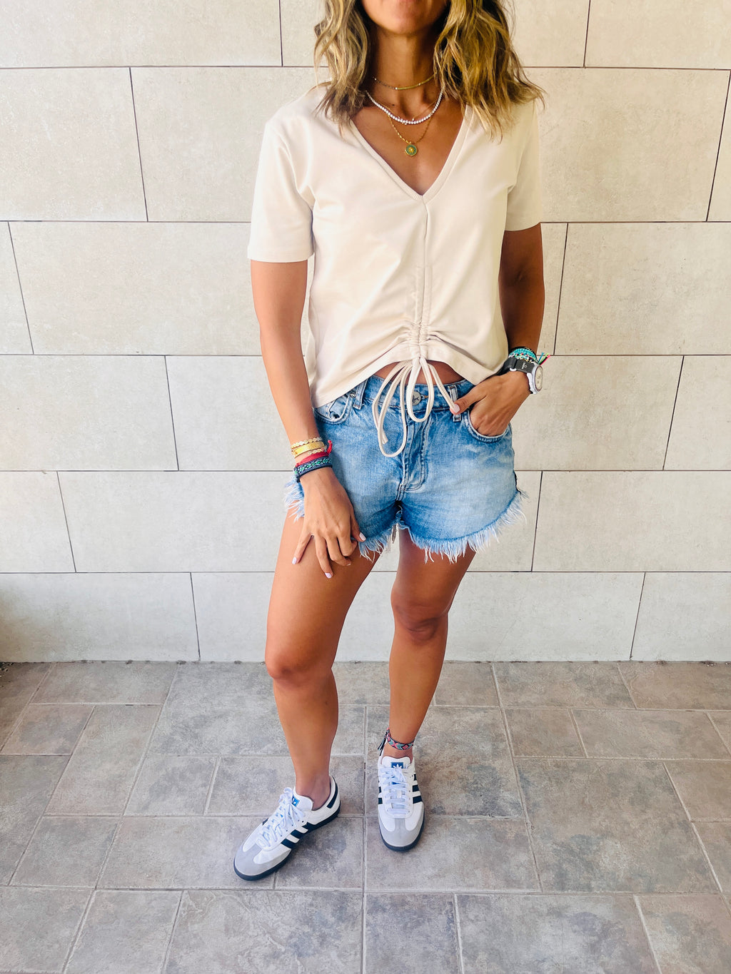 Blue & Beige Pull Me Through Crop Tee