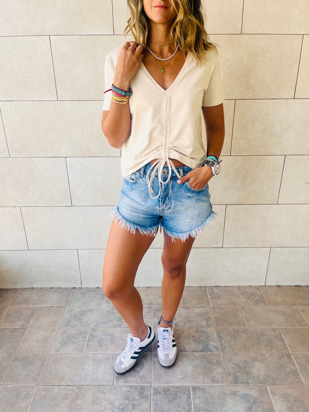 Blue & Beige Pull Me Through Crop Tee