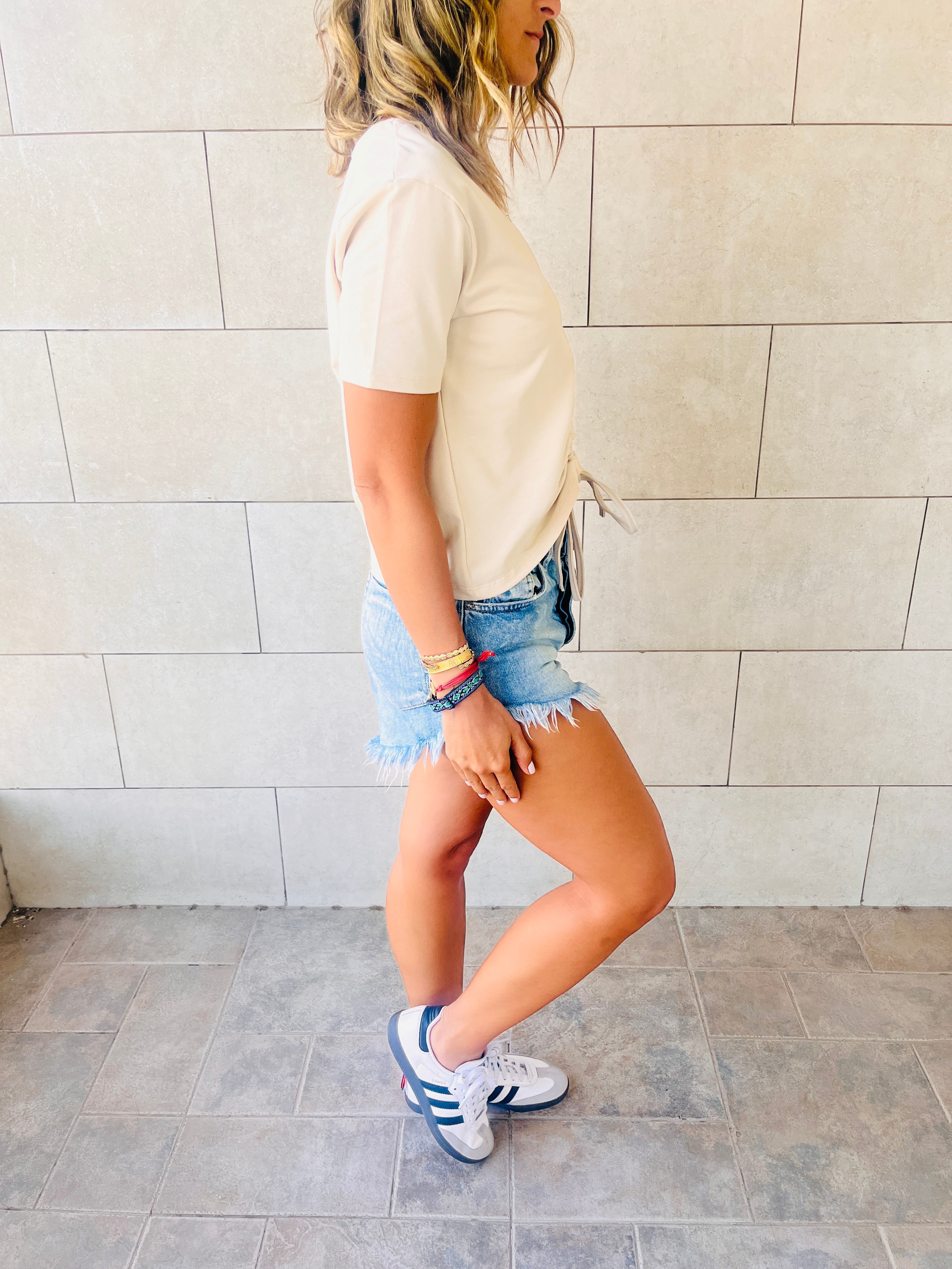 Blue & Beige Pull Me Through Crop Tee