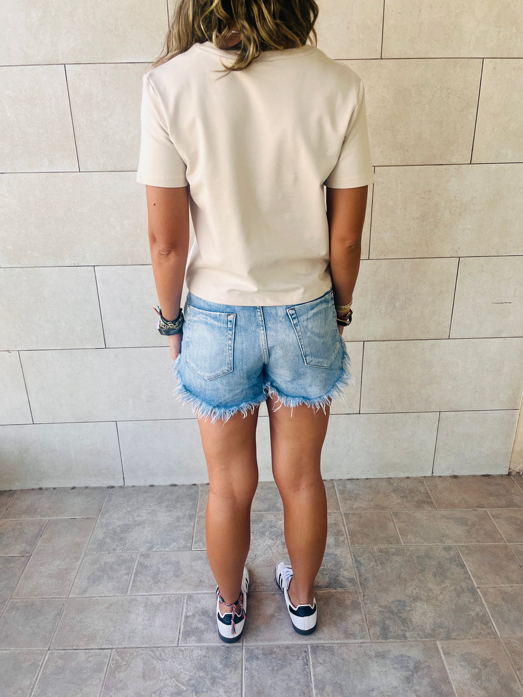 Blue & Beige Pull Me Through Crop Tee