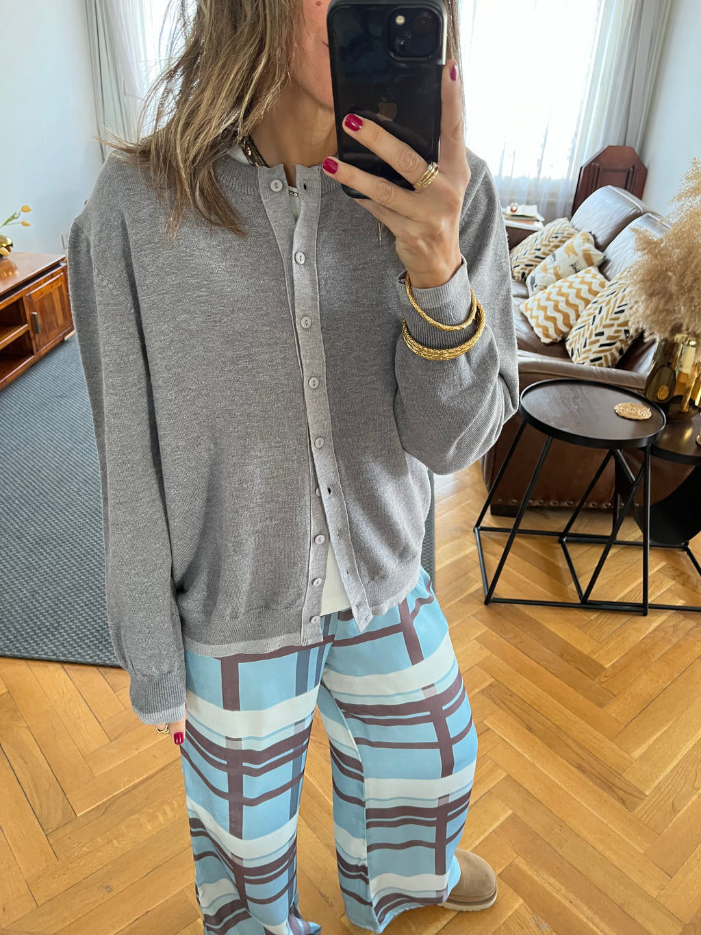 Grey Middle Line Button Knit Cardigan