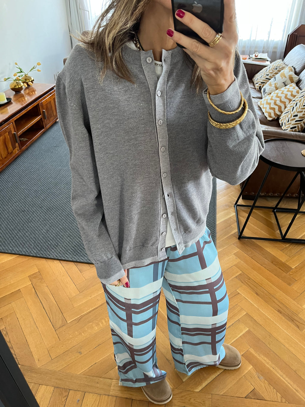 Grey Middle Line Button Knit Cardigan