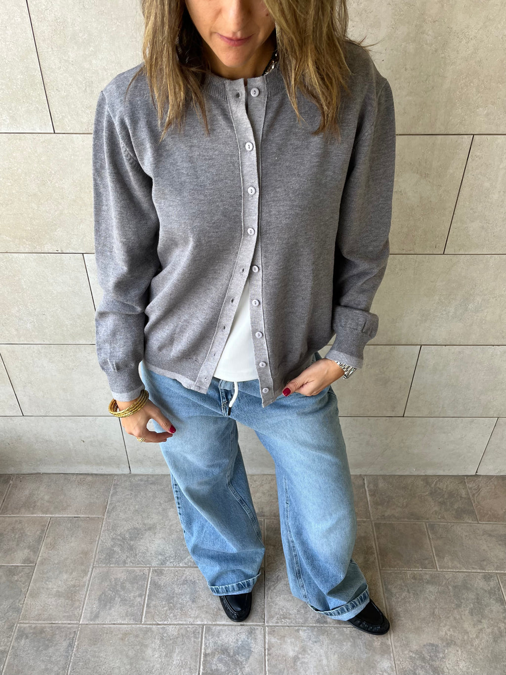 Grey Middle Line Button Knit Cardigan