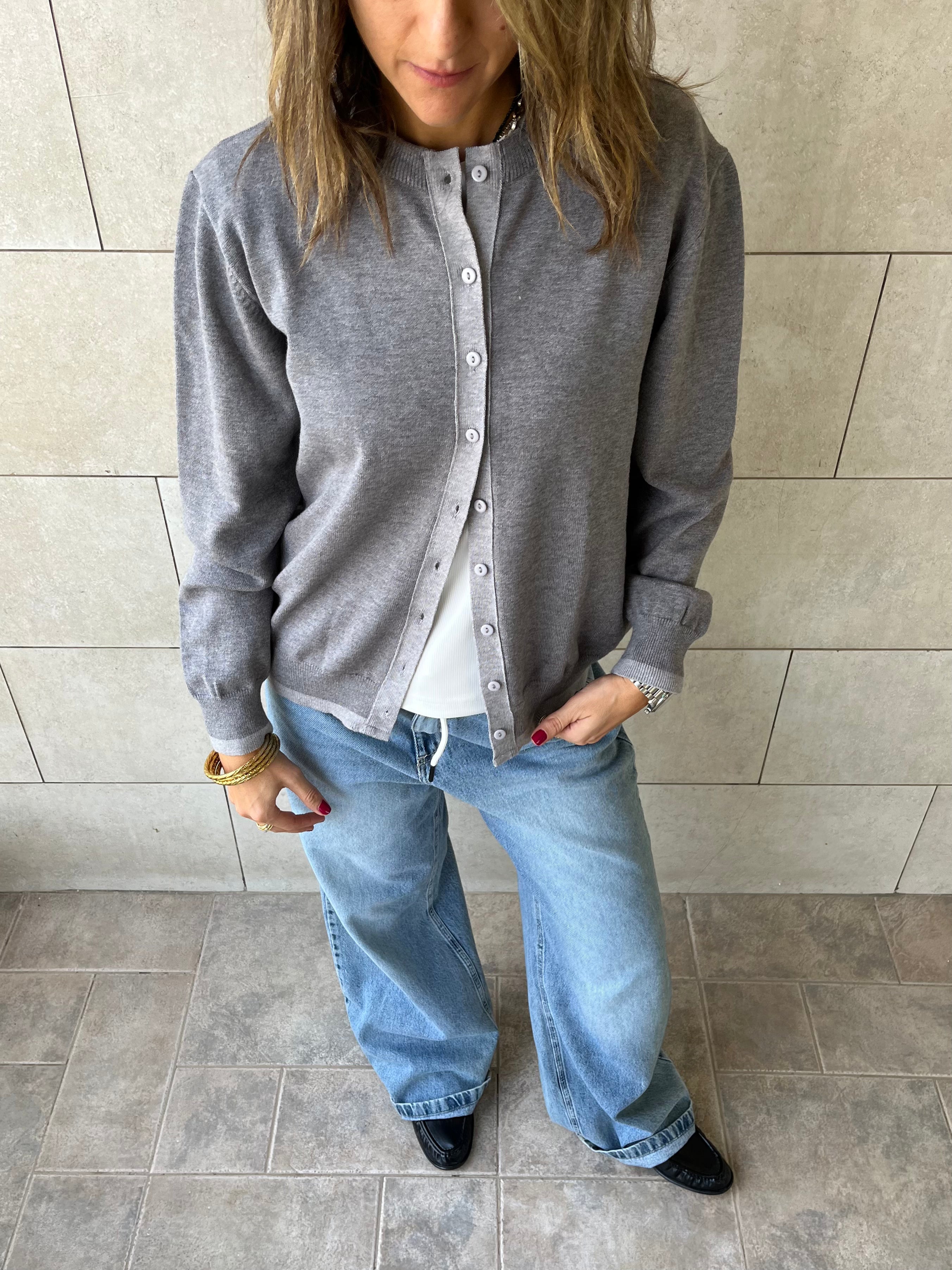 Grey Middle Line Button Knit Cardigan