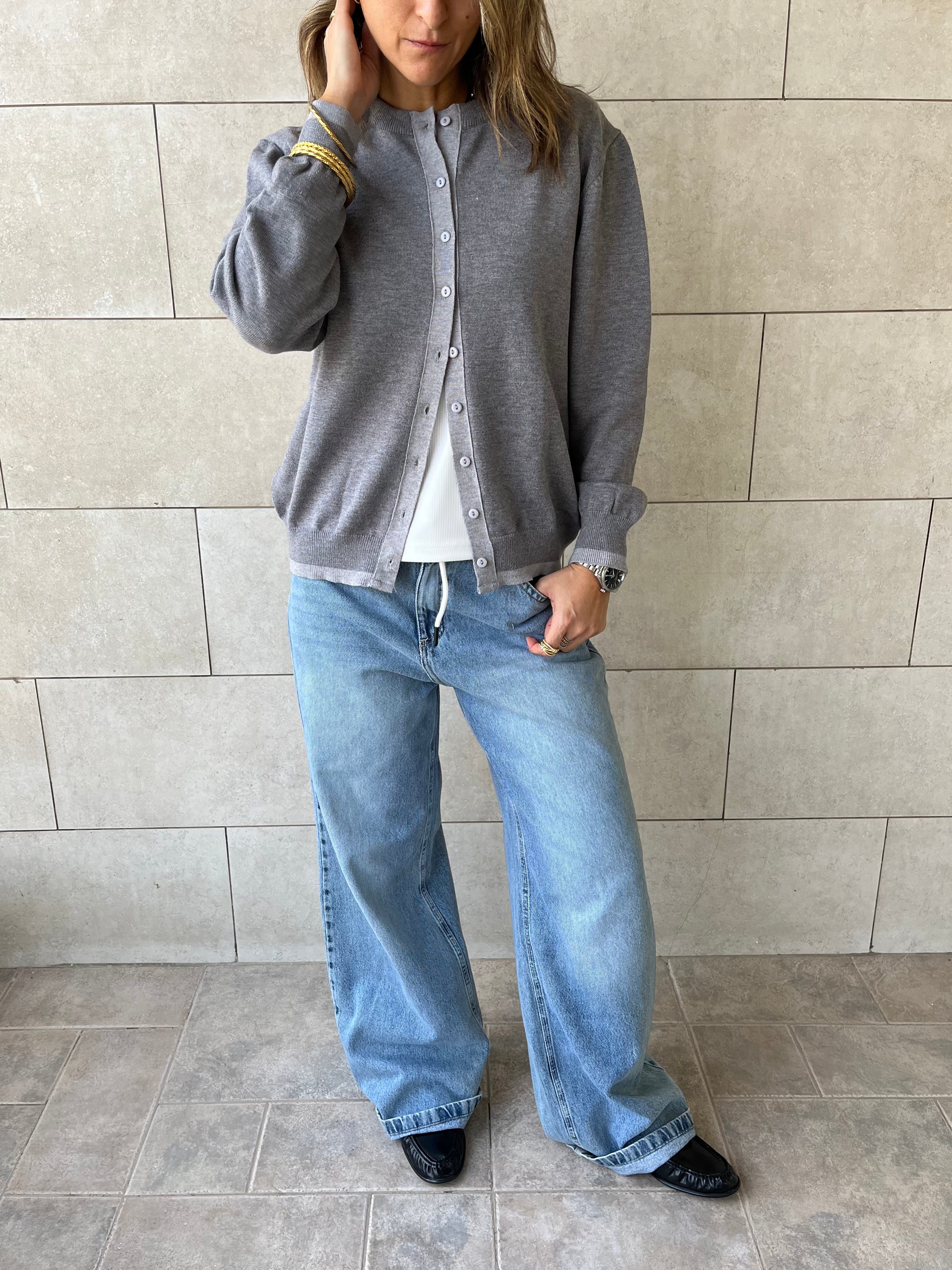 Grey Middle Line Button Knit Cardigan