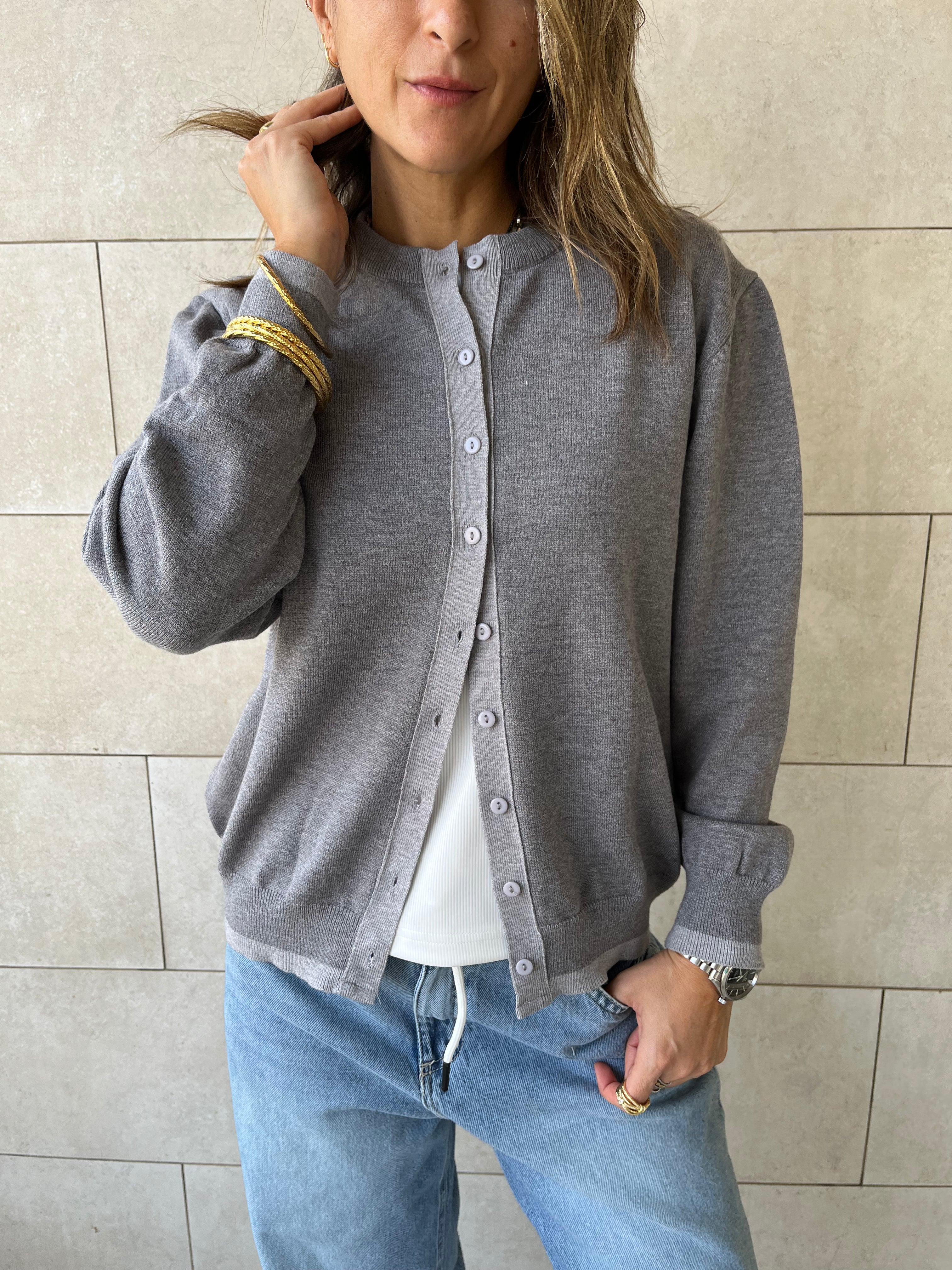 Grey Middle Line Button Knit Cardigan