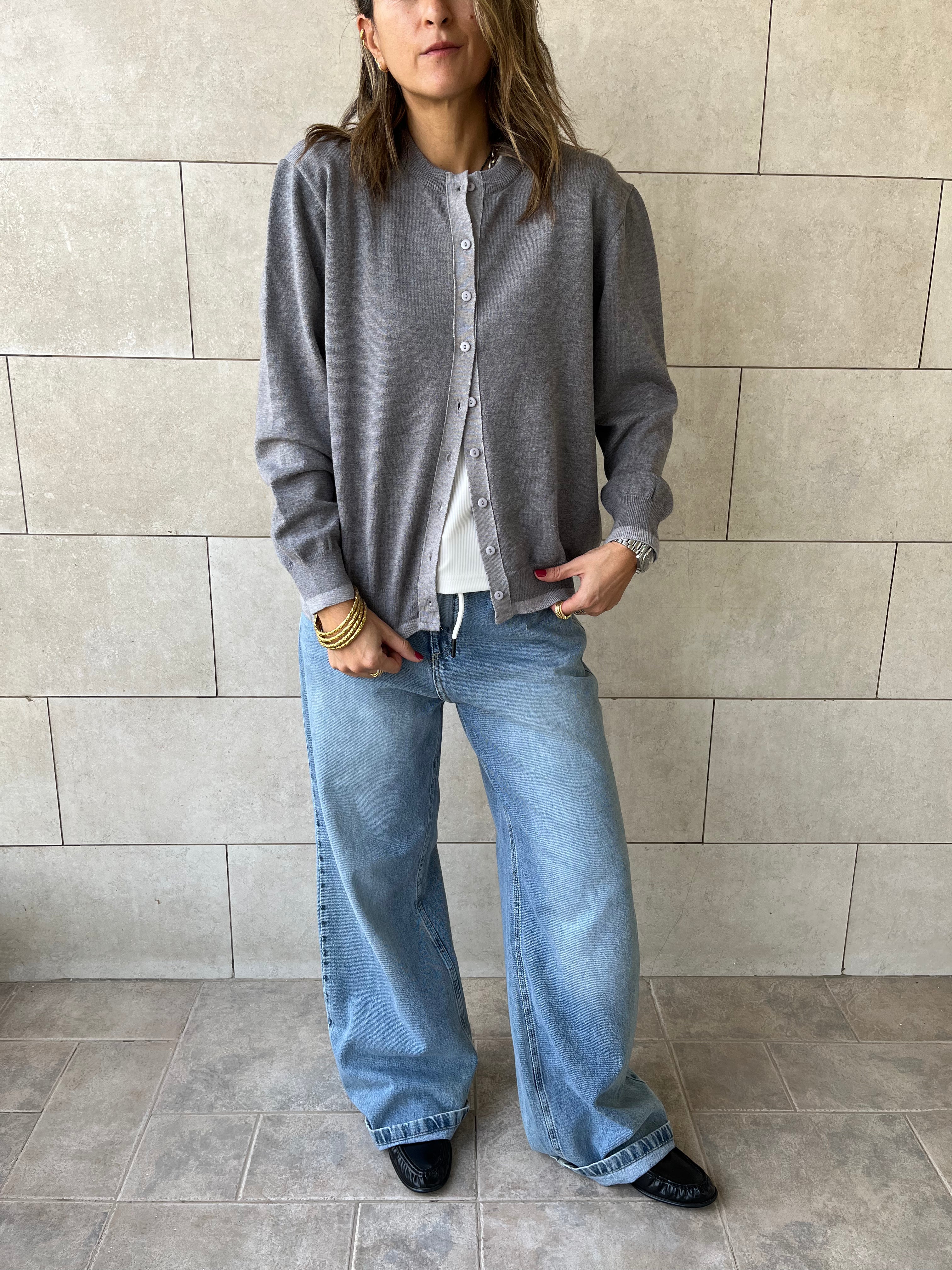 Grey Middle Line Button Knit Cardigan