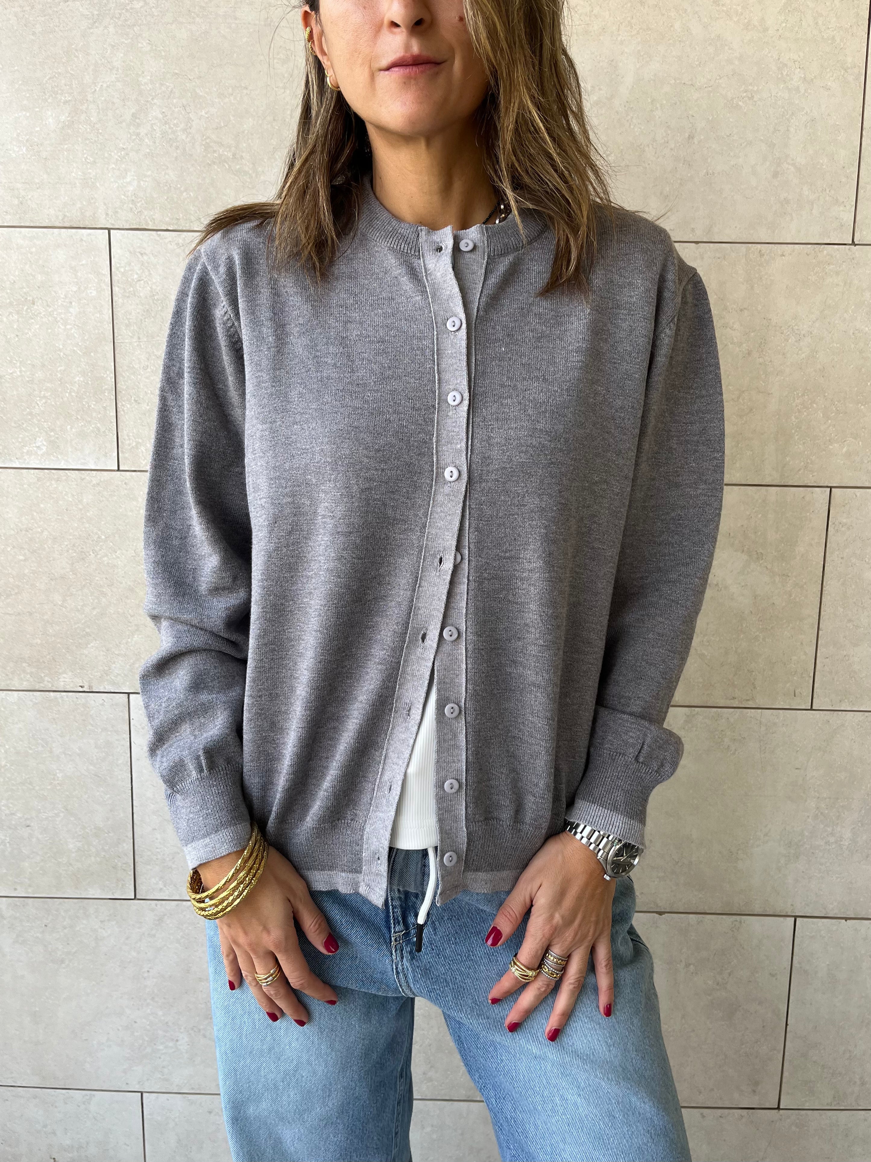 Grey Middle Line Button Knit Cardigan