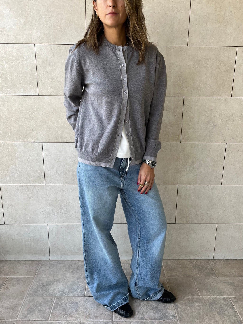 Grey Middle Line Button Knit Cardigan