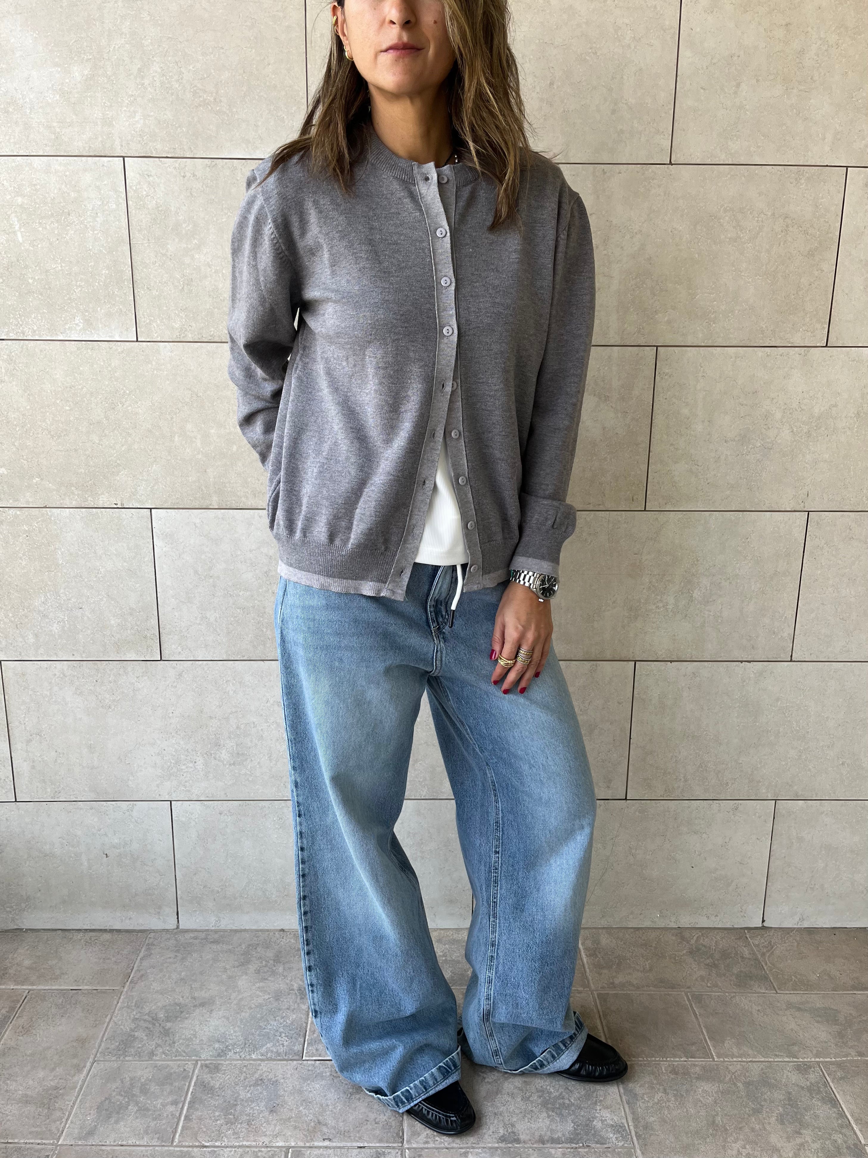 Grey Middle Line Button Knit Cardigan