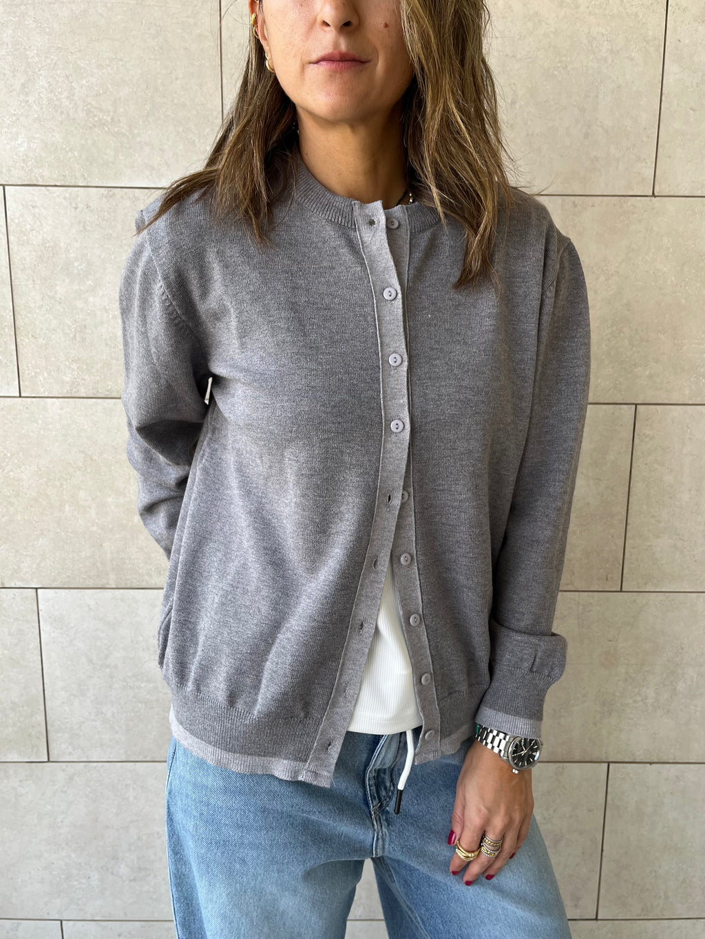 Grey Middle Line Button Knit Cardigan