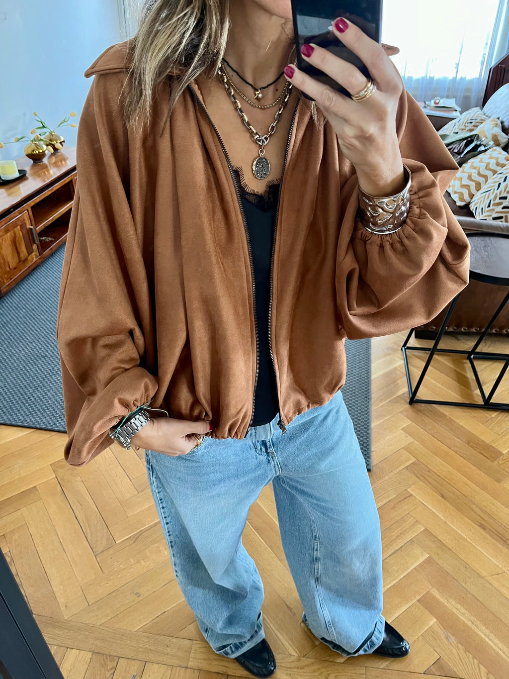 Camel Balloon Suede Jacket