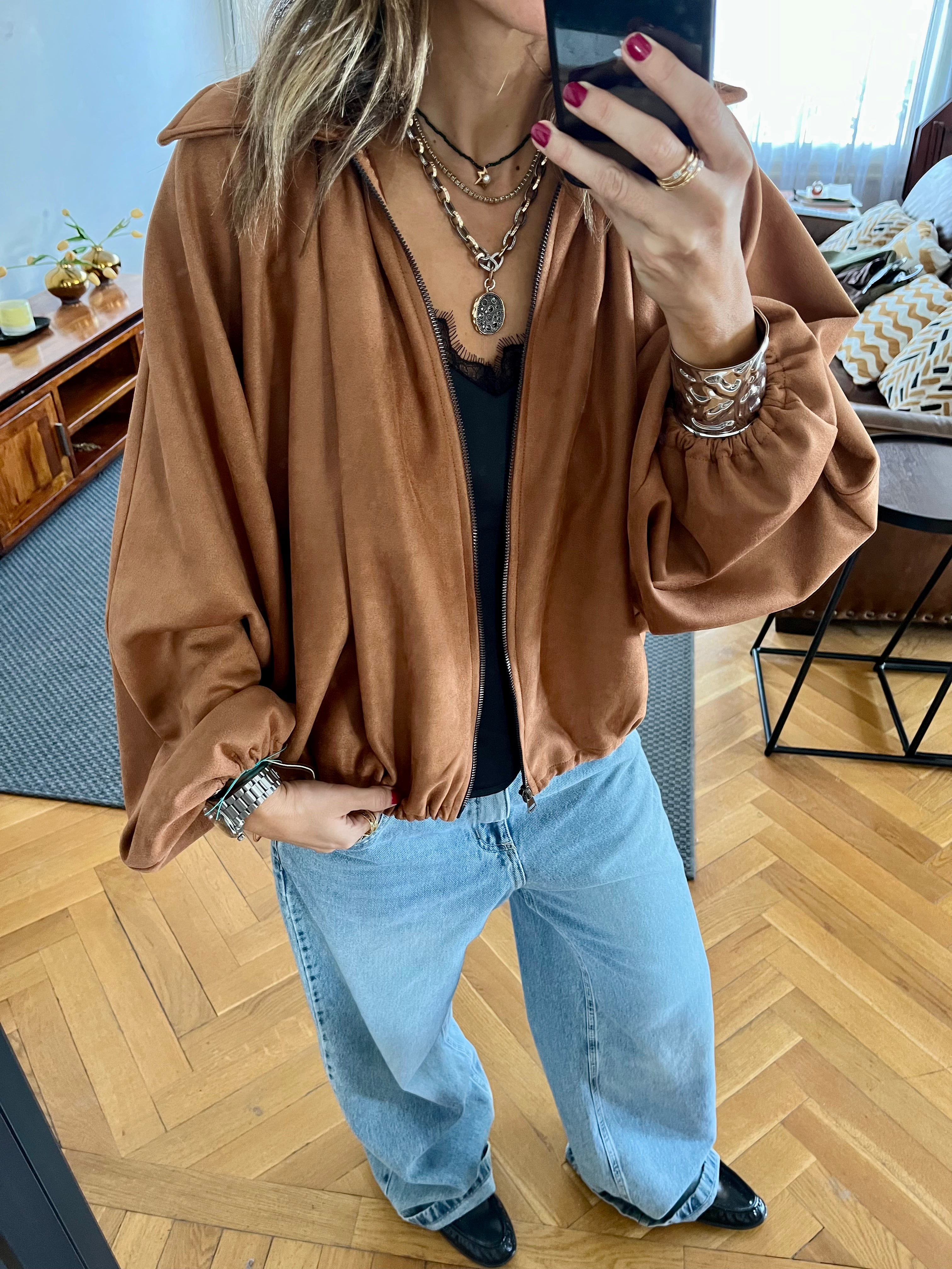 Camel Balloon Suede Jacket