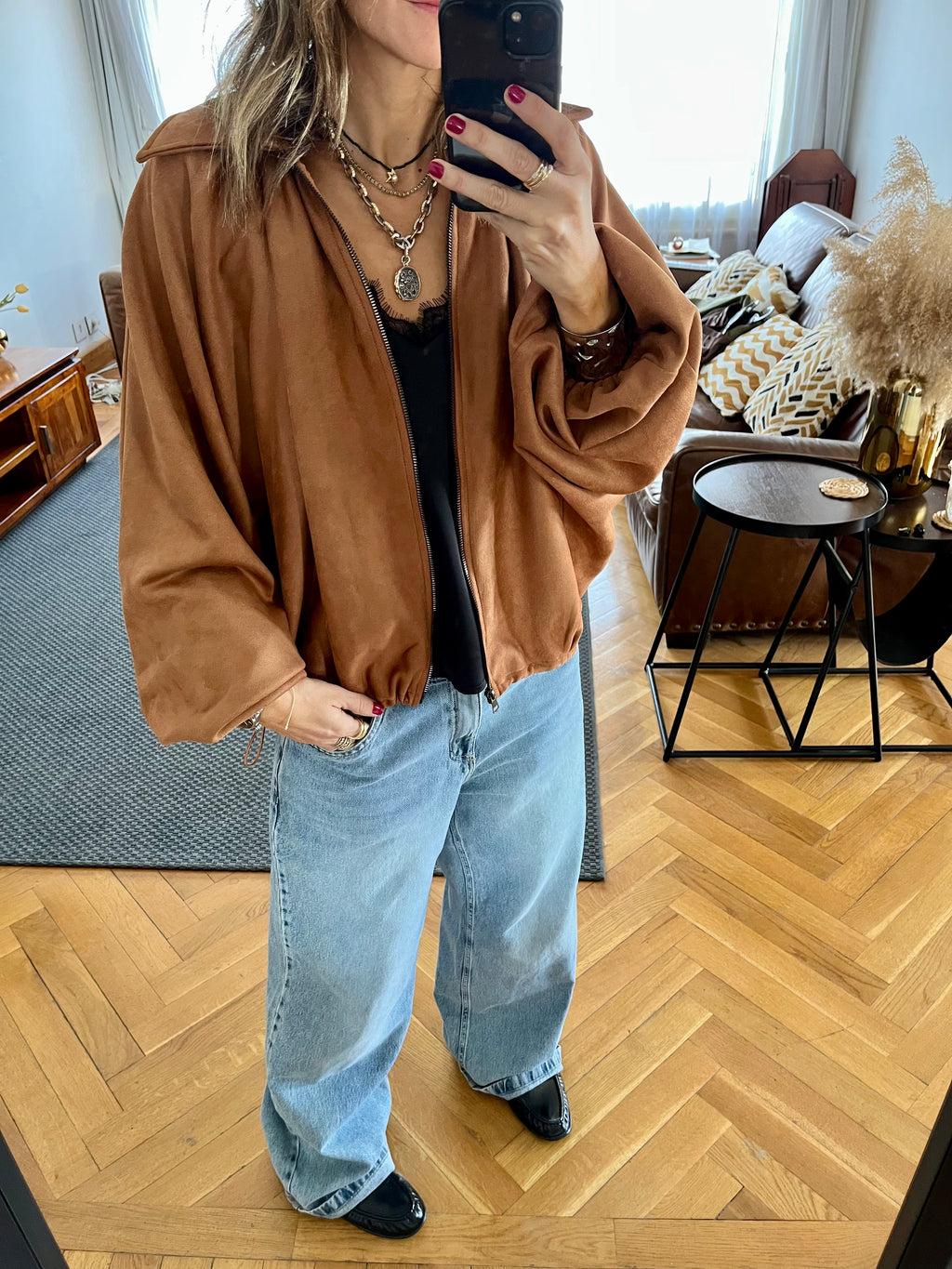 Camel Balloon Suede Jacket