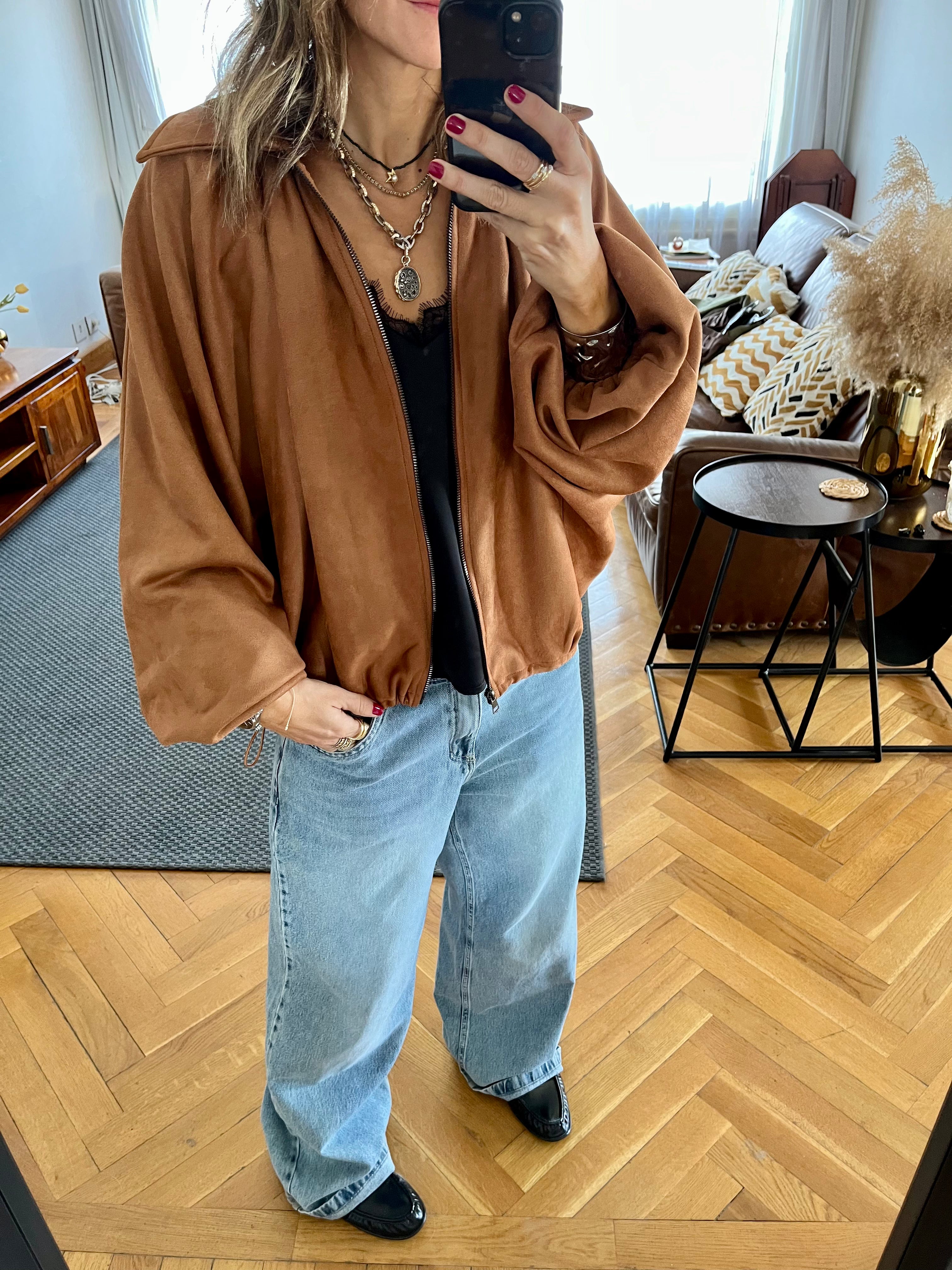 Camel Balloon Suede Jacket