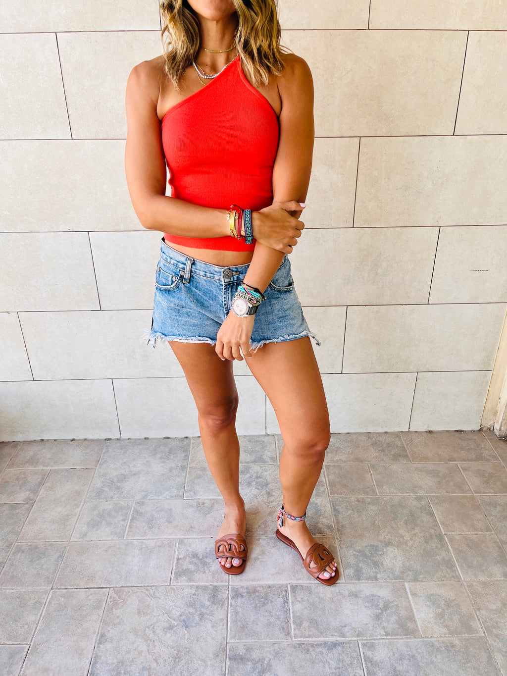 Watermelon Simple Cool Off Shoulder Top