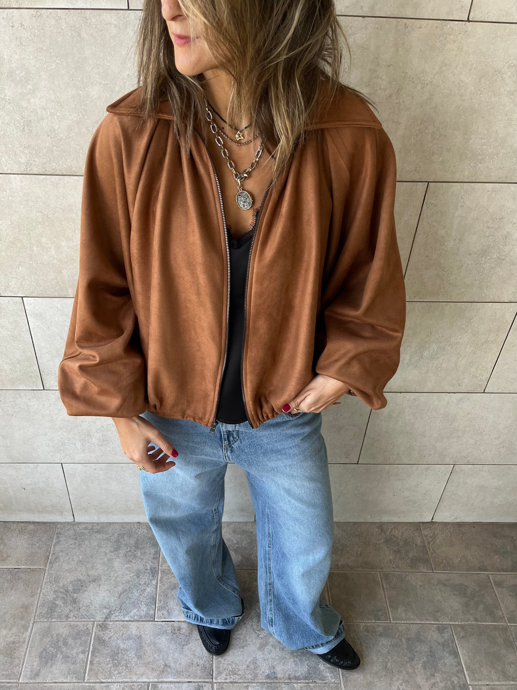 Camel Balloon Suede Jacket