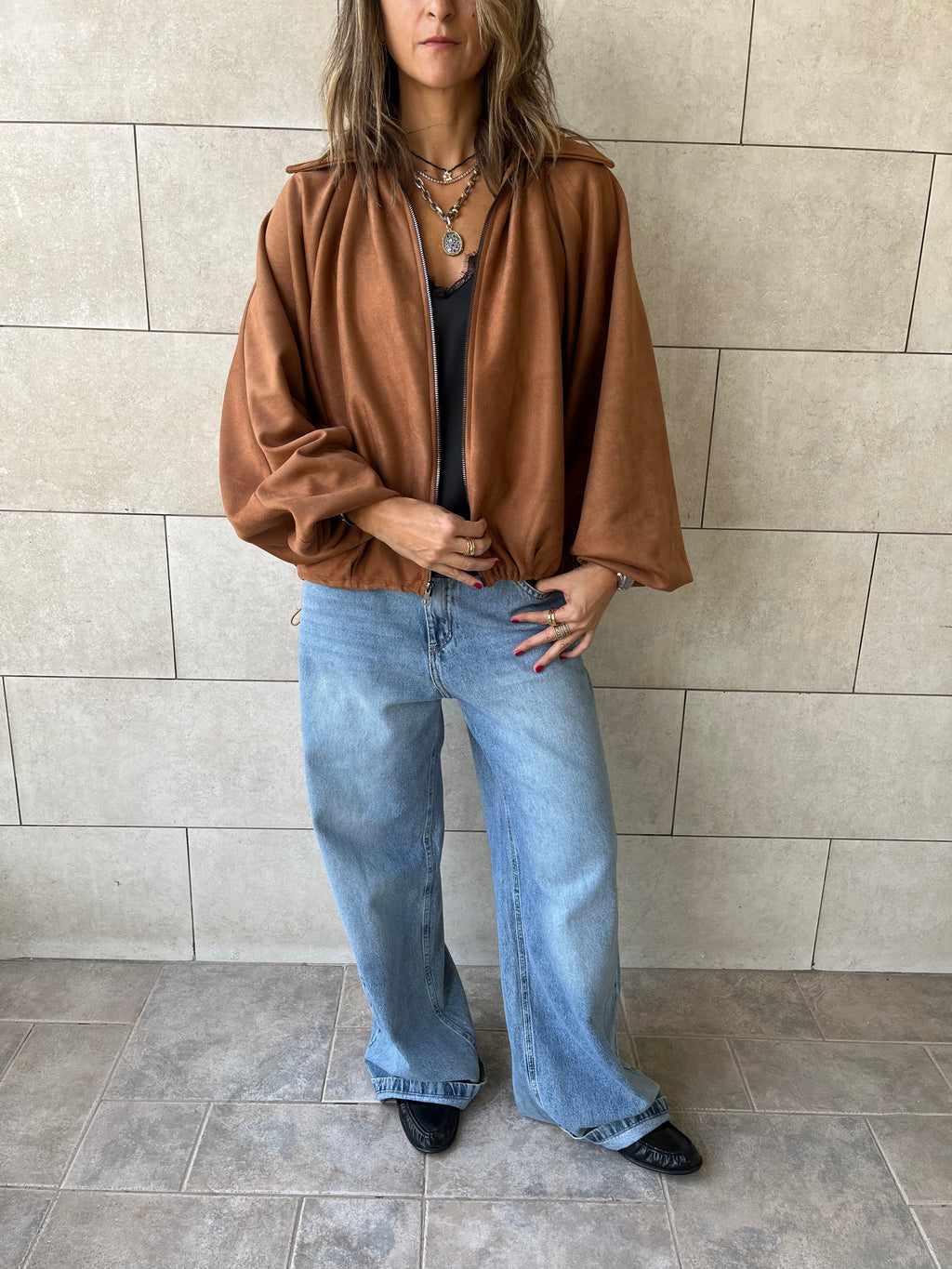 Camel Balloon Suede Jacket